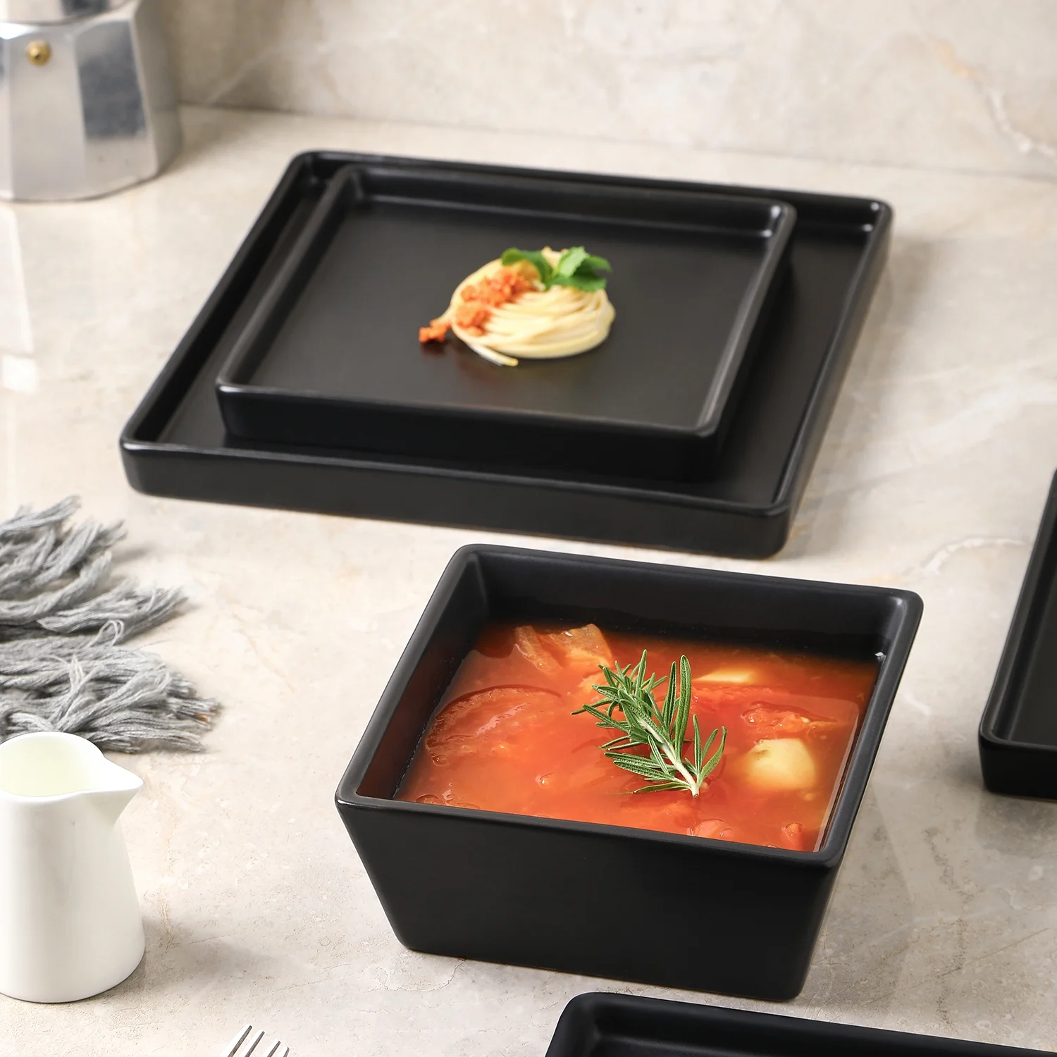 Stone + Lain Grace Stoneware Collection, Square Dinnerware Set, 12-Piece Service for 4, Black Matte
