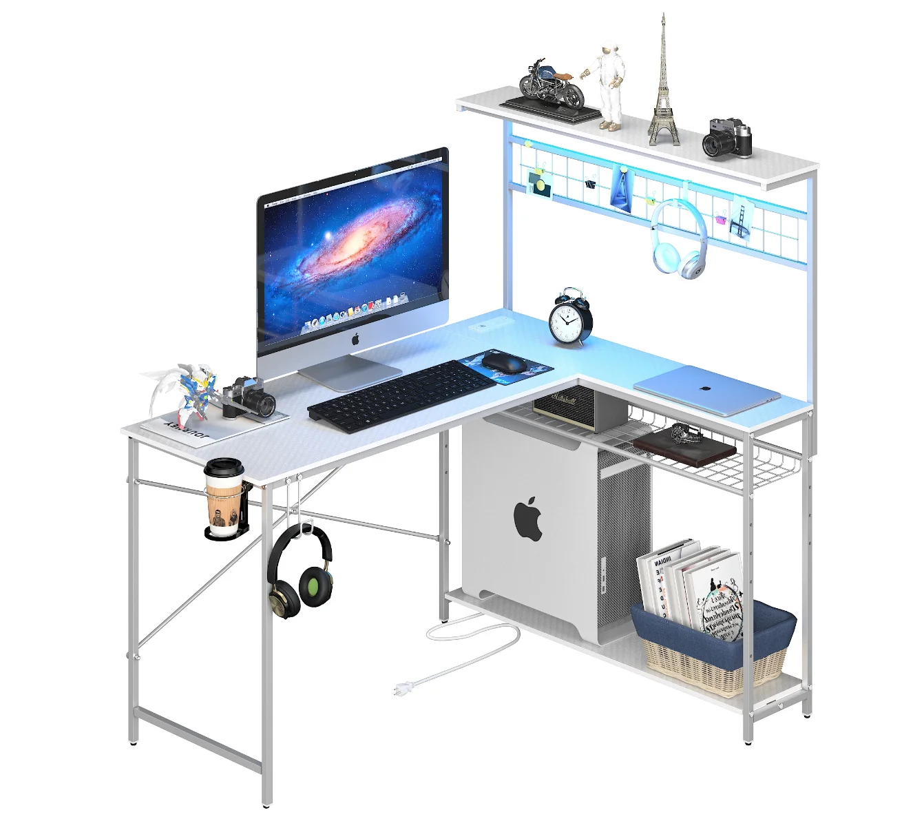 Bestier 51 L Shaped Gaming Desk with Power Outlets & LED Light, Computer Desk with 4 Tiers Shelves for Home Office, Reversible Gamer Table with Hooks and Cup Holder, Carbon Fiber