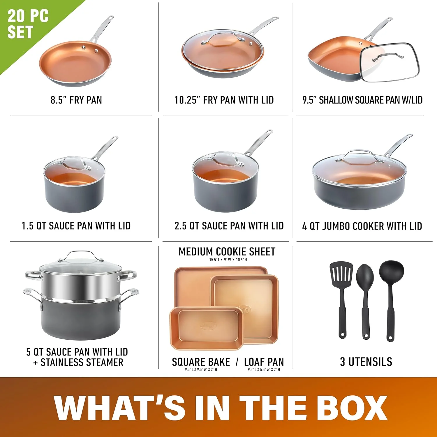 Gotham Steel 20 Pc Ceramic Cookware Set Nonstick, Pots and Pans Set Non Stick for Kitchen with Bakeware and Utensils, Pots and Pans for Cooking, Oven & Dishwasher Safe, Grey/Copper