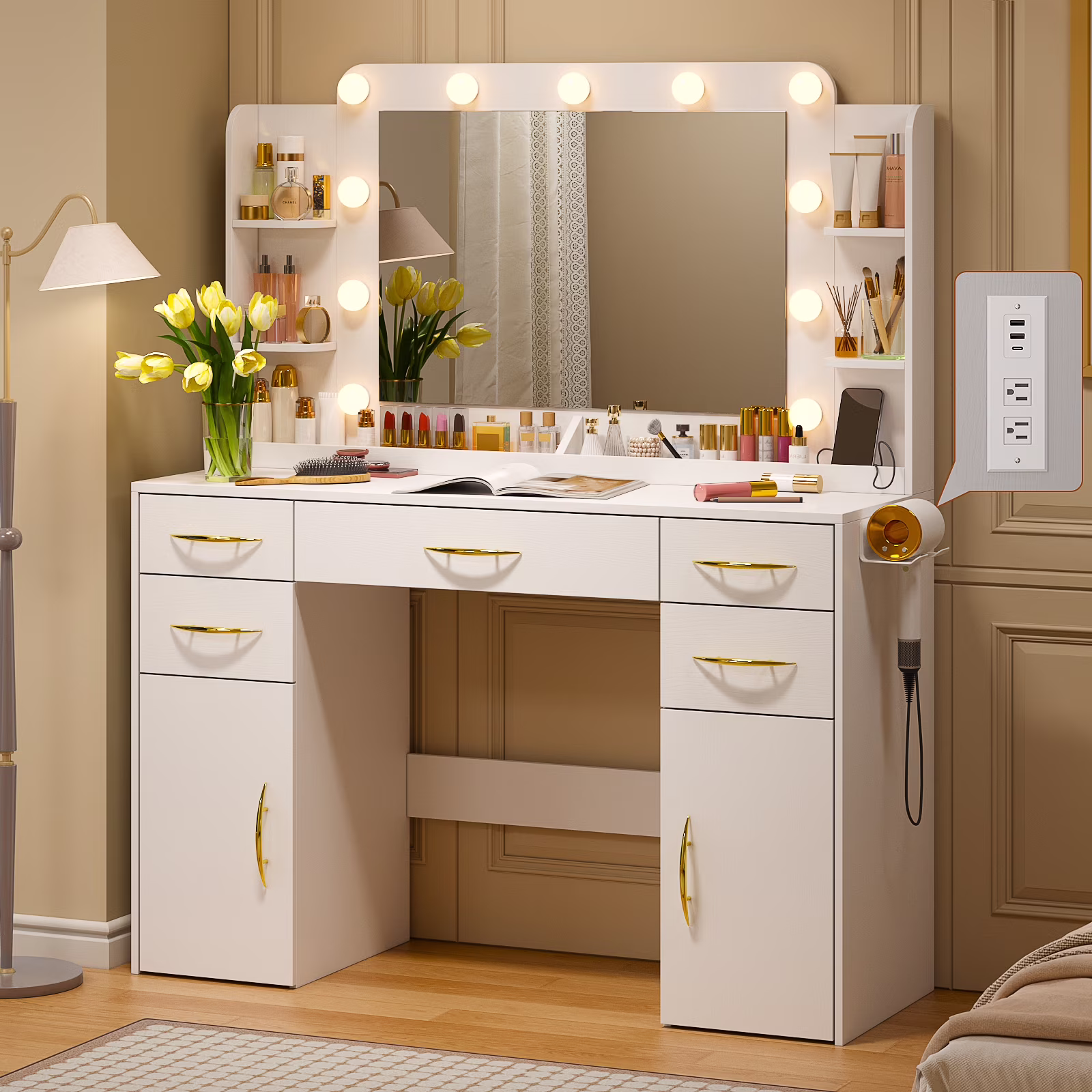 Tomnk woo White Makeup Vanity Desk with Large Mirror, Adjustable Lights, Storage Drawers & Power Outlets
