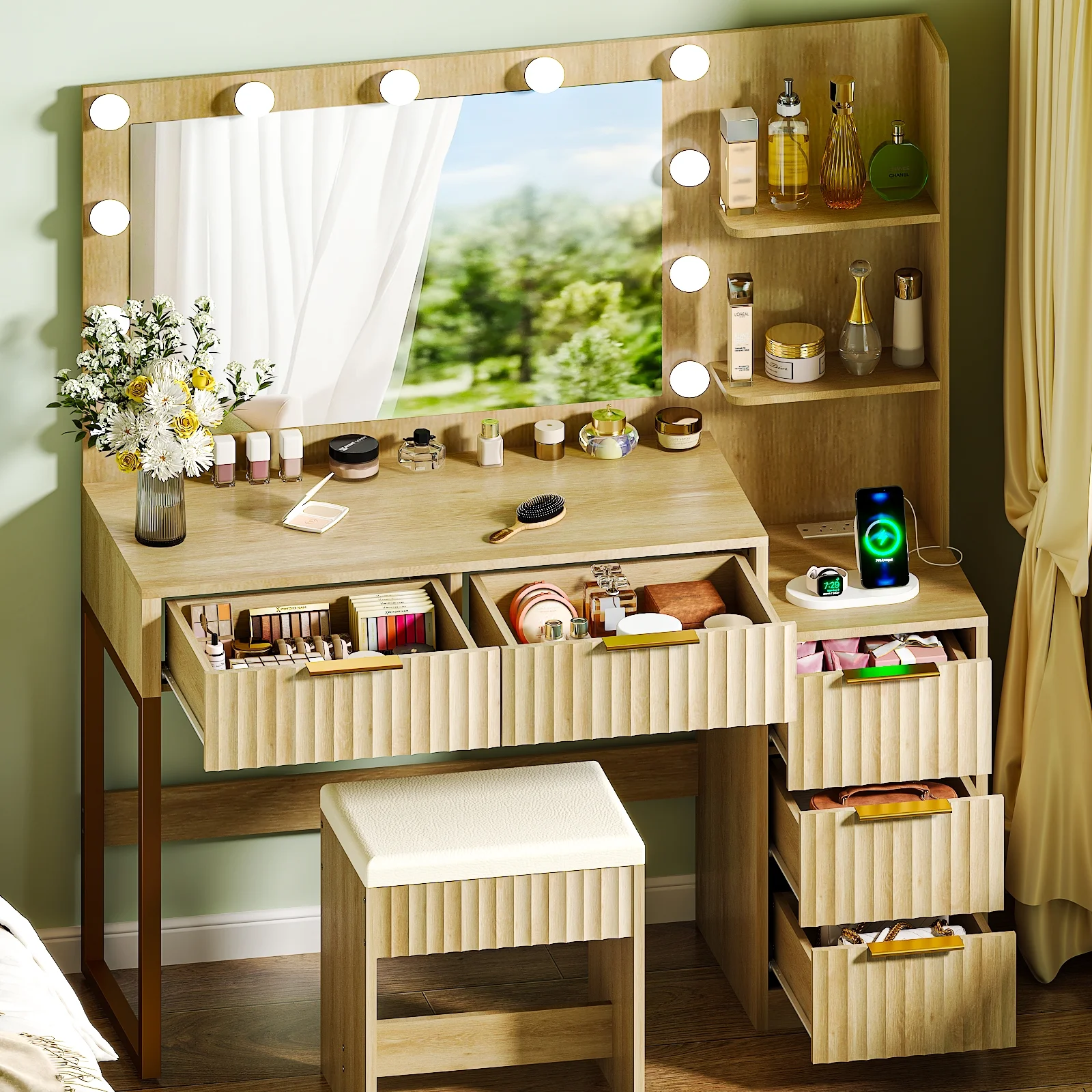 Ktaxon Flutted Makeup Vanity Table Set with 5 Drawer, Dressing Table w/Charging Station, Vanity Desk for Femal Gift, White