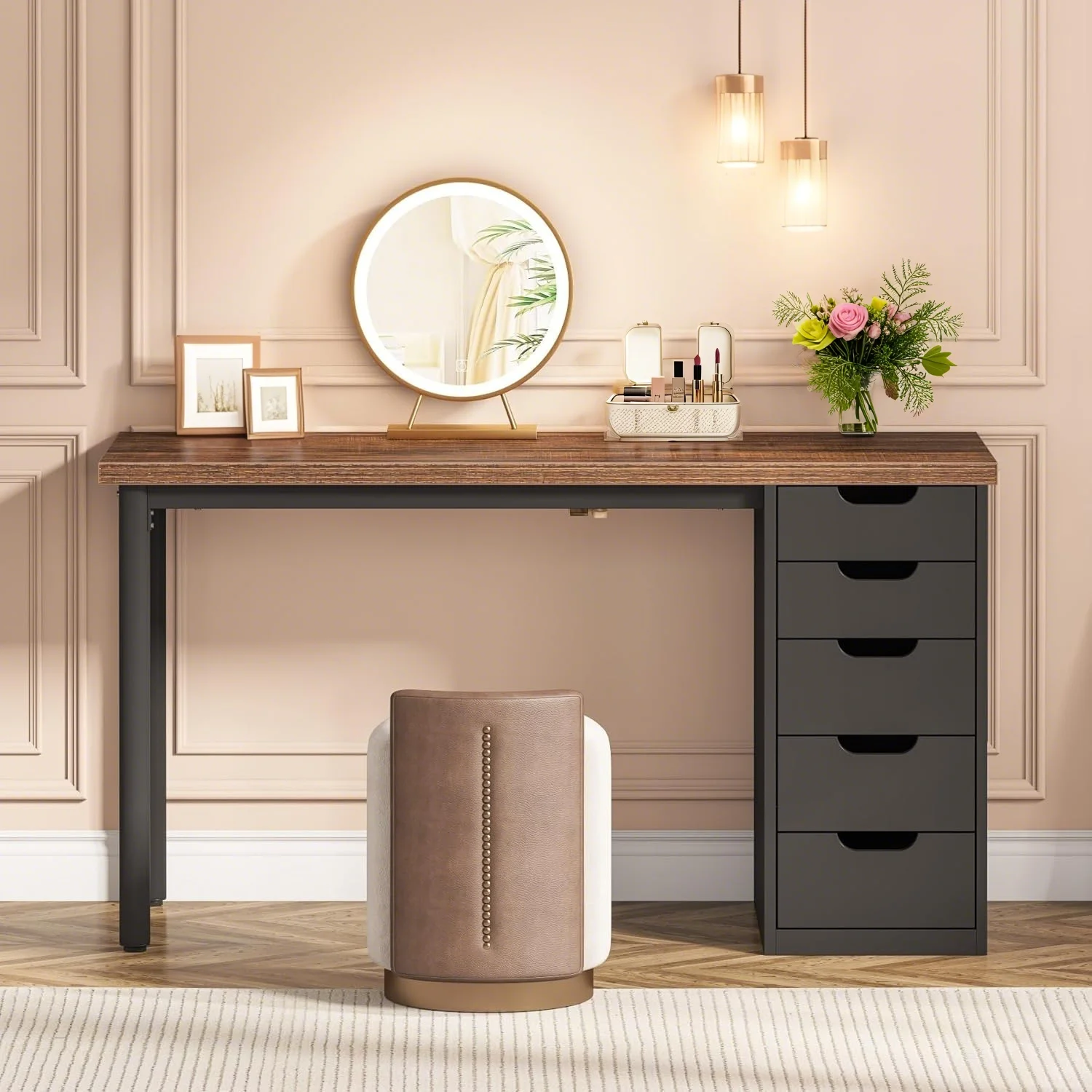 Tribesigns 47 inches Vanity Desk with 5 Drawers, Rustic Makeup Dressing Table with Storage, Modern Simple Computer Desk for Women, Girls (Brown)