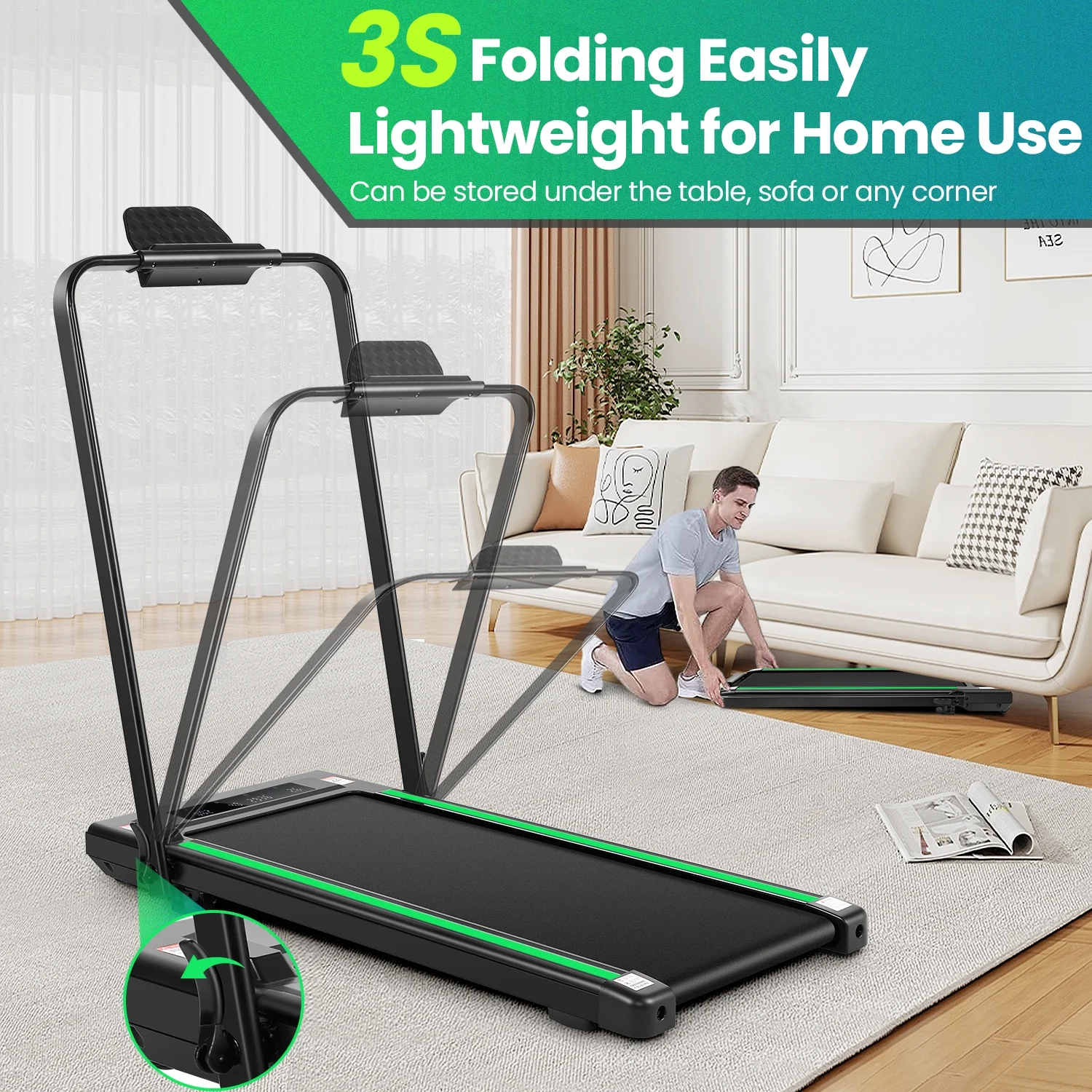 2 in 1 Walking Pad Treadmill with Incline, 2.5HP Under Desk Treadmill with Handle Remote Control & LED Touch Screen for Home Office Workout, 300lbs Weight Capacity Black & Green