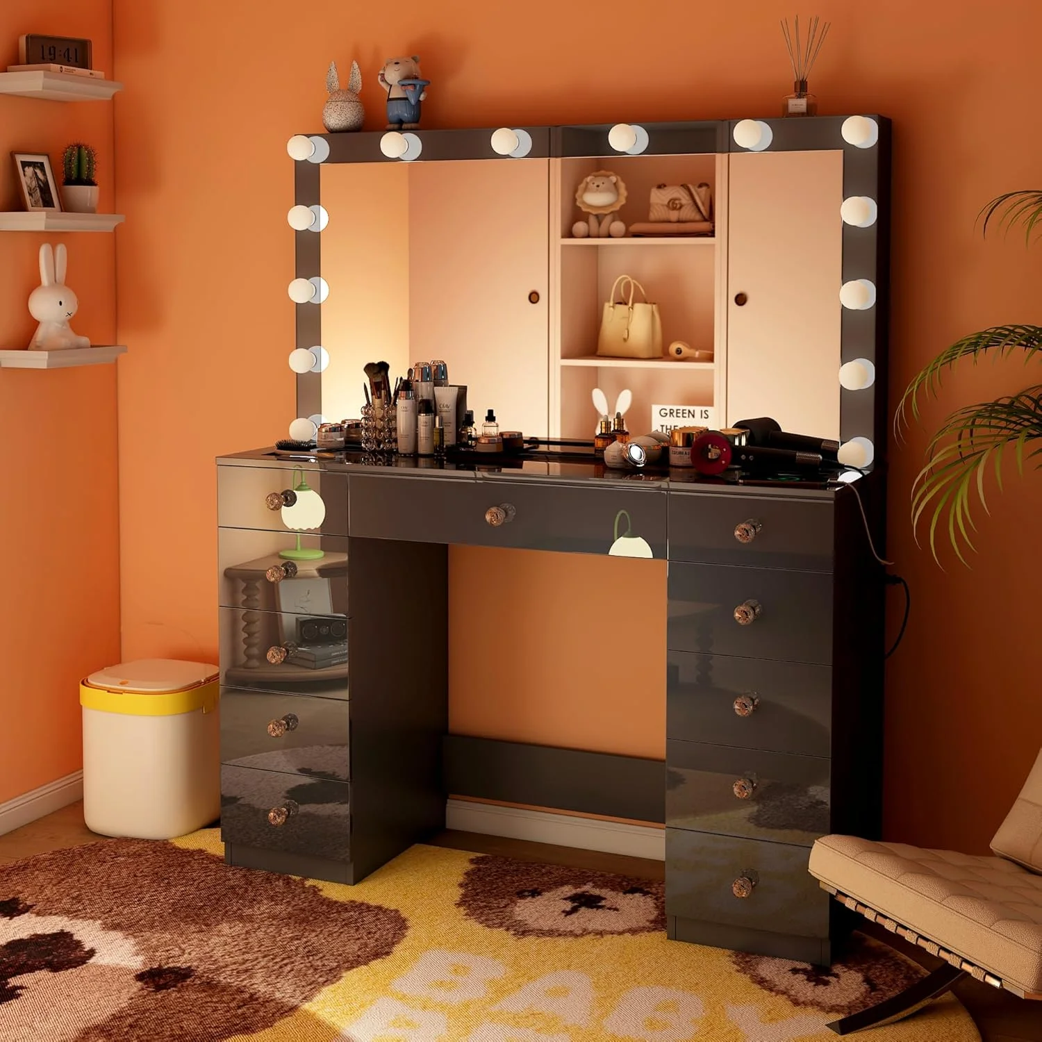 Linor Modern Adult Vanity Desk Set with Mirror, 14 LED Lights, 11 Drawers, Glass Top, White
