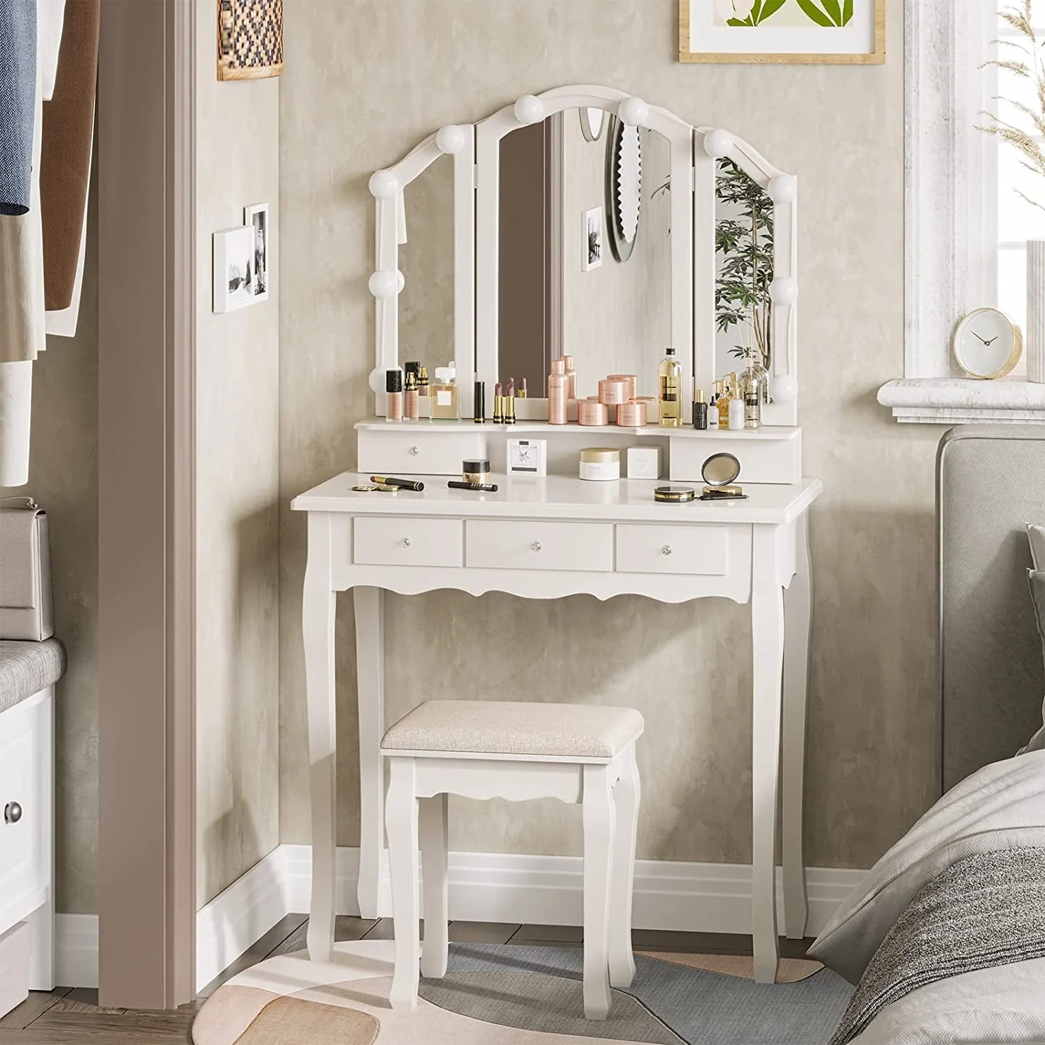 Tiptiper Vanity Table Set with Lighted Tri-Fold Mirror and Stool, Makeup Vanity Dressing Desk 5 Drawers, White