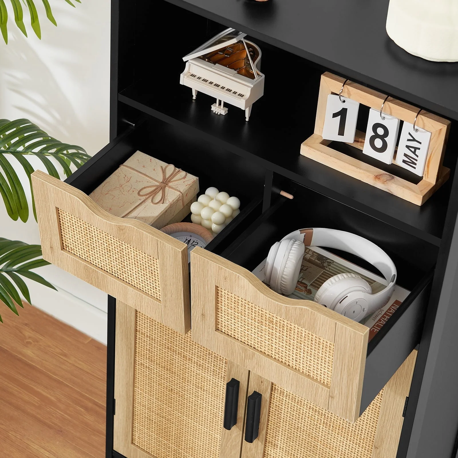Iwell Rattan Storage Cabinet with 2 Drawers & 2 Shelves, Floor Cabinet for Living Room