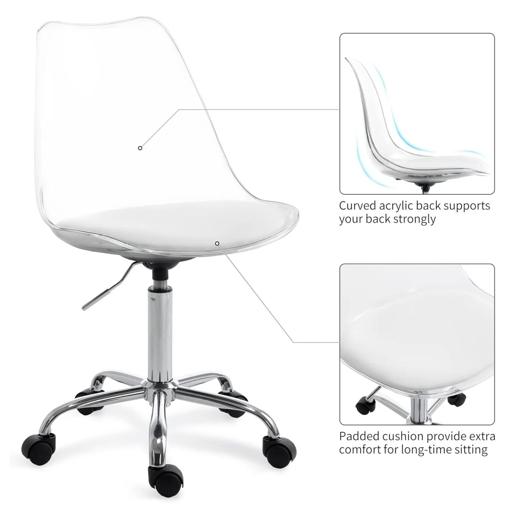 saney Clear Rolling Chair, Armless Desk Chair with Golden Feet Swivel Molded Plastic Shell Adjustable Home Office Chair with Wheels, Clear