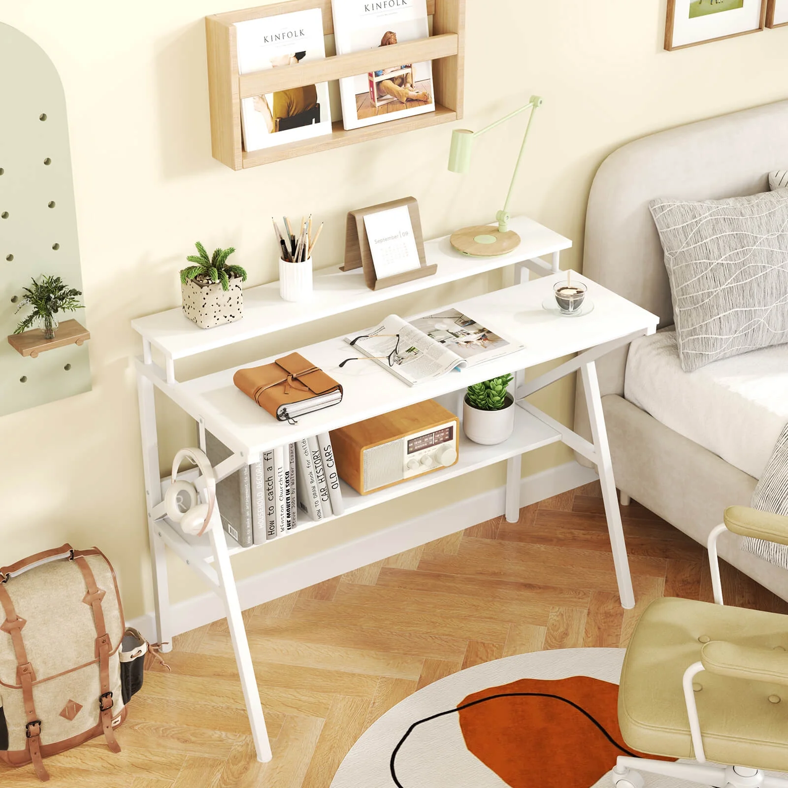 Costway Home Office Desk with Monitor Stand, Open Shelf & Metal Frame, Earphone Hook White