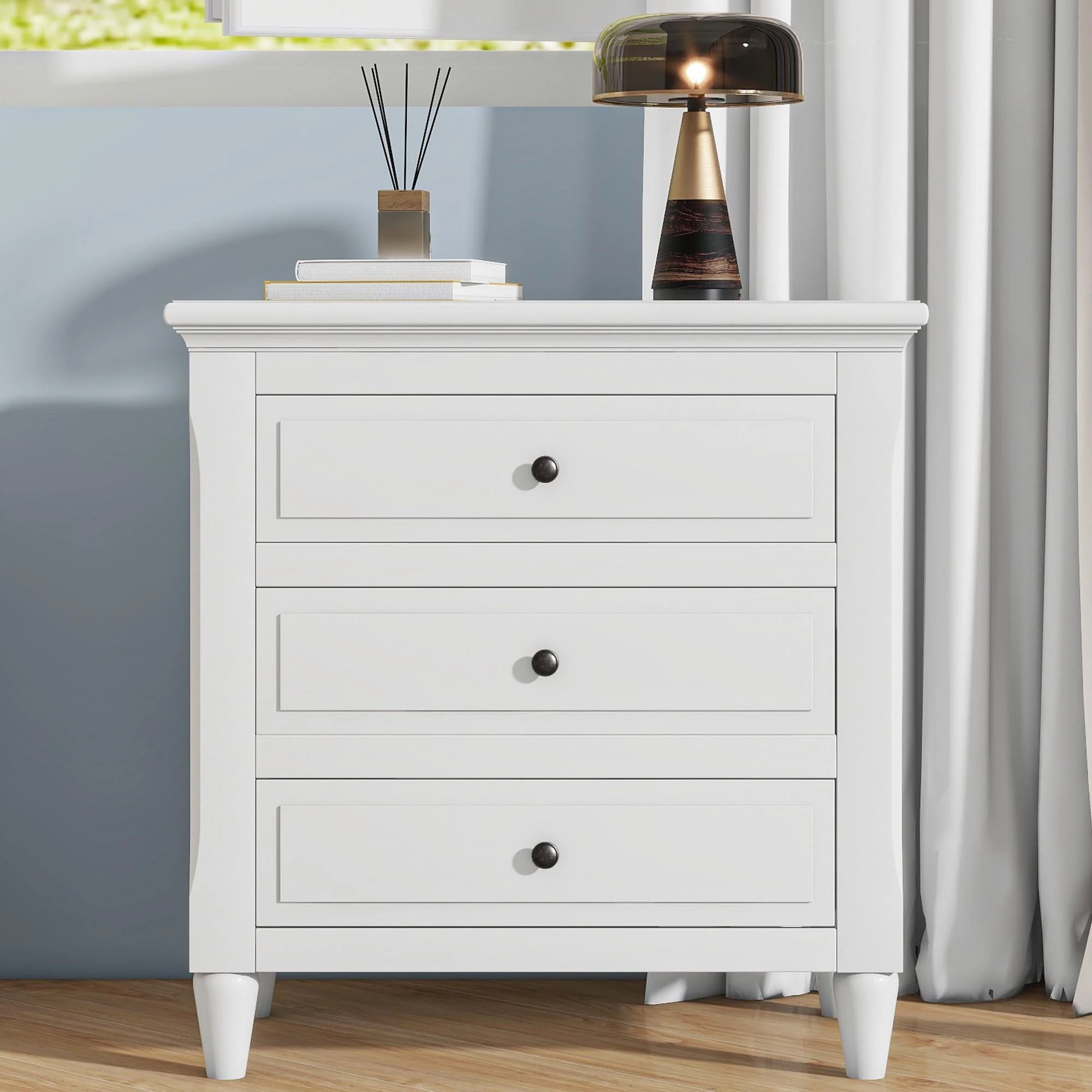White Nightstand for Bedroom, Atumon Nightstand with 3 Drawers, Wood Bedside Table, Modern Nightstand Furniture for Bedroom, 28