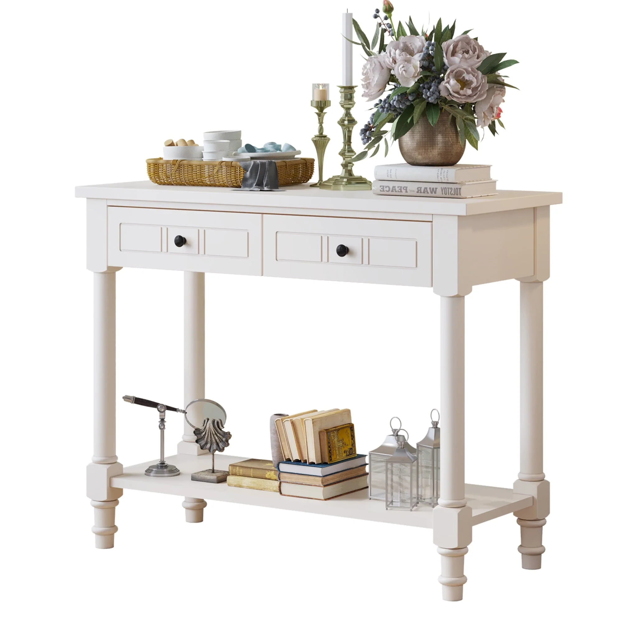 Ktaxon Wooden Console Table with 2 Drawers and Storage Shelf, Sofa Table Entryway Table Side Desk TV Stand for Living Room Hallway Kitchen, Ivory White