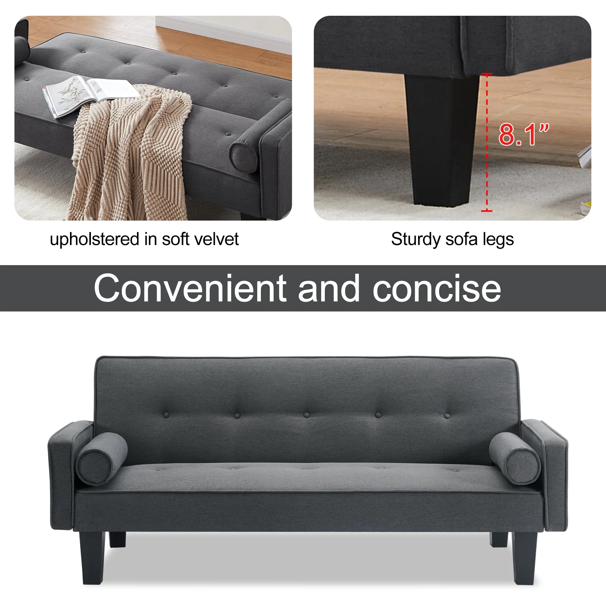 Convertible Futon Sofa Bed,Gray Upholstered Futon Couch Fabric Sleeper Sofa for Living Room Apartment