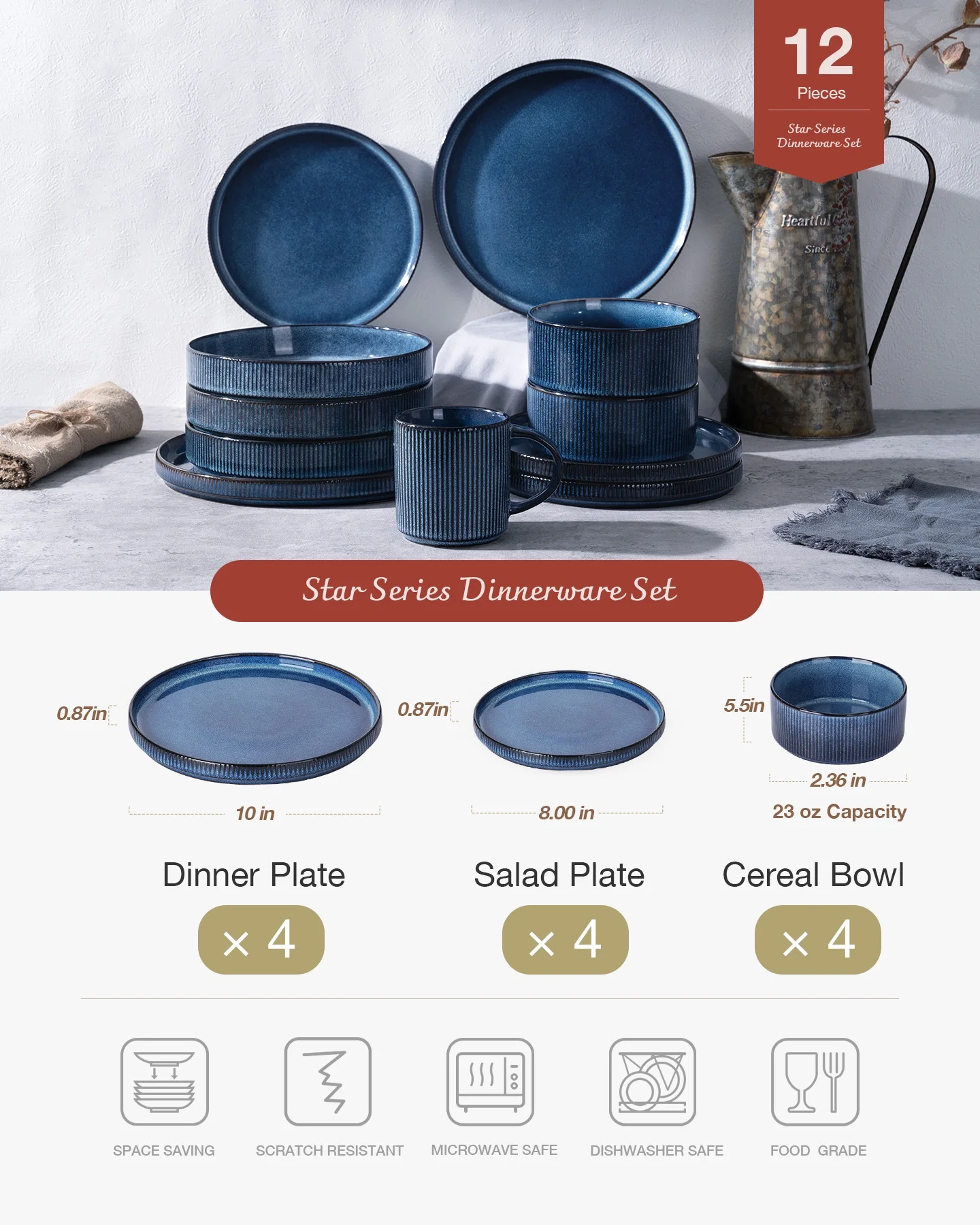 Famiware Star Stoneware Dinnerware Sets, Plates and Bowls Set for 4, 12 Piece Dish Set, Cappuccino White