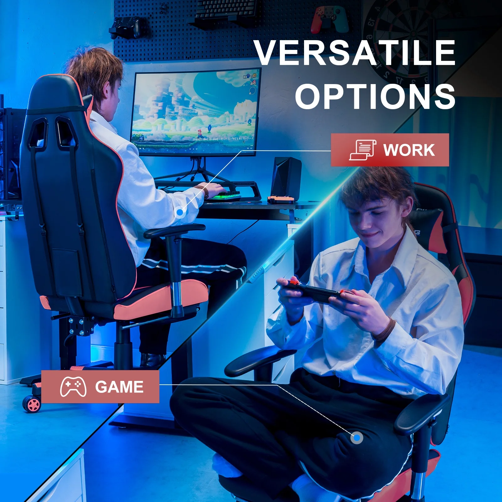 GTRACING Gaming Chair, Ergonomic Office Desk Chair with Lumbar Support, PU Leather, Footrest & Adjustable Headrest, Red