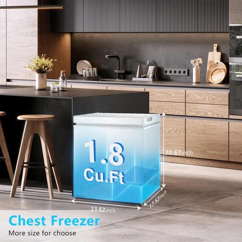 1.8 Cu. Ft. Compact Freestanding Chest Freezer – Removable Basket. Bottom Drain. and 7-Setting Thermostat