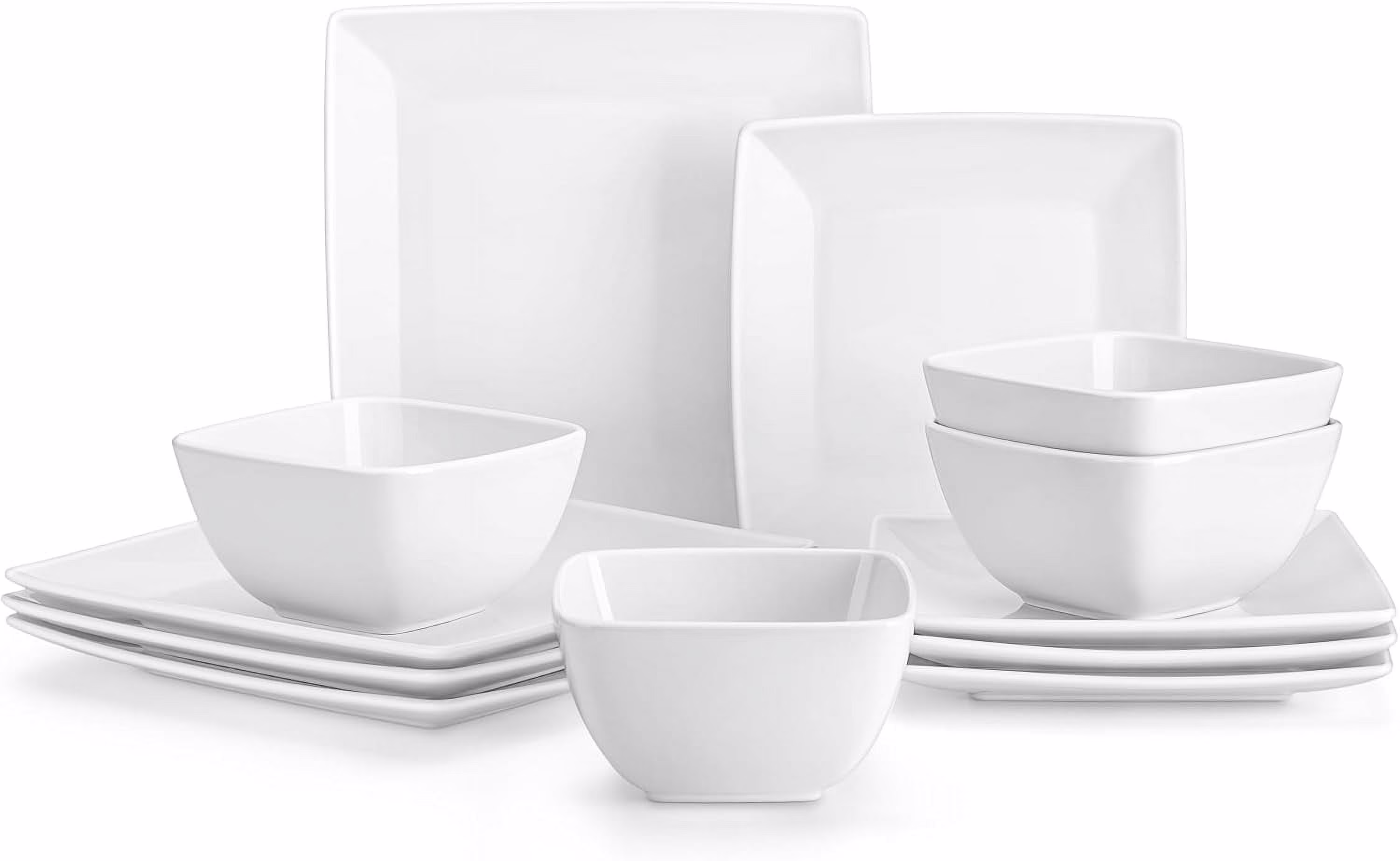 Dinnerware Sets 12 Pieces, Stoneware Square Place Setting, Dinner Plate, Dessert Plate, Bowls Service for 4