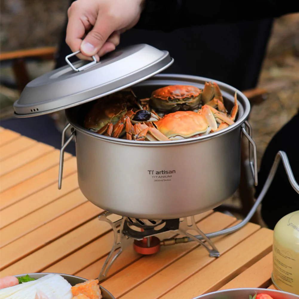 Outdoor Titanium Food Steamer Stock Pot Set Camping Soup Pot Pan Cooking Kit
