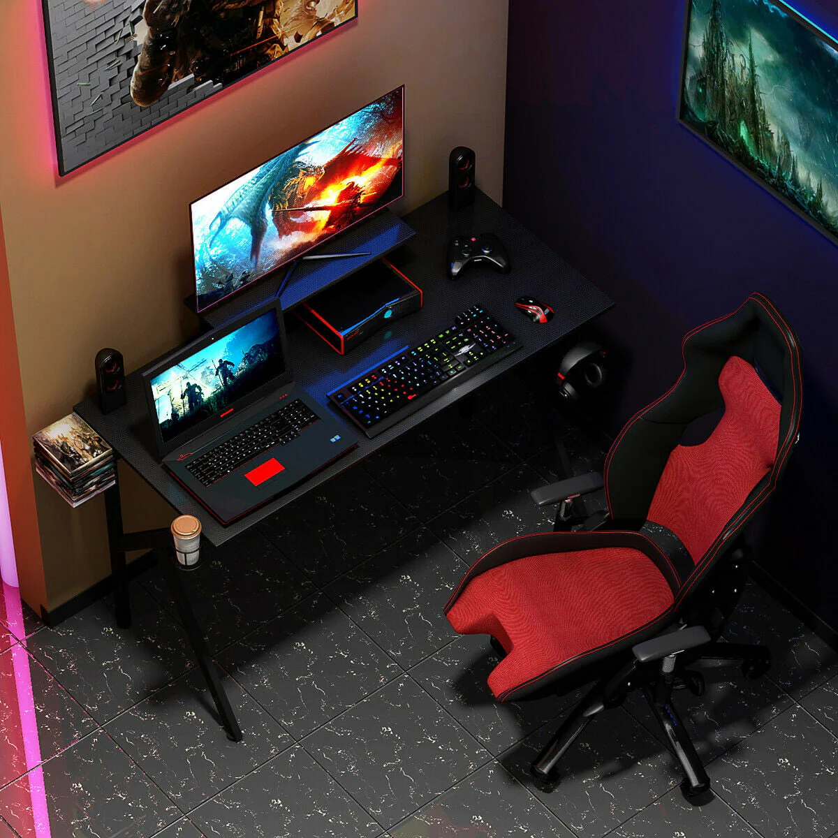 Gymax Gaming Desk Computer Desk PC Table Workstation with Cup Holder & Headphone Hook