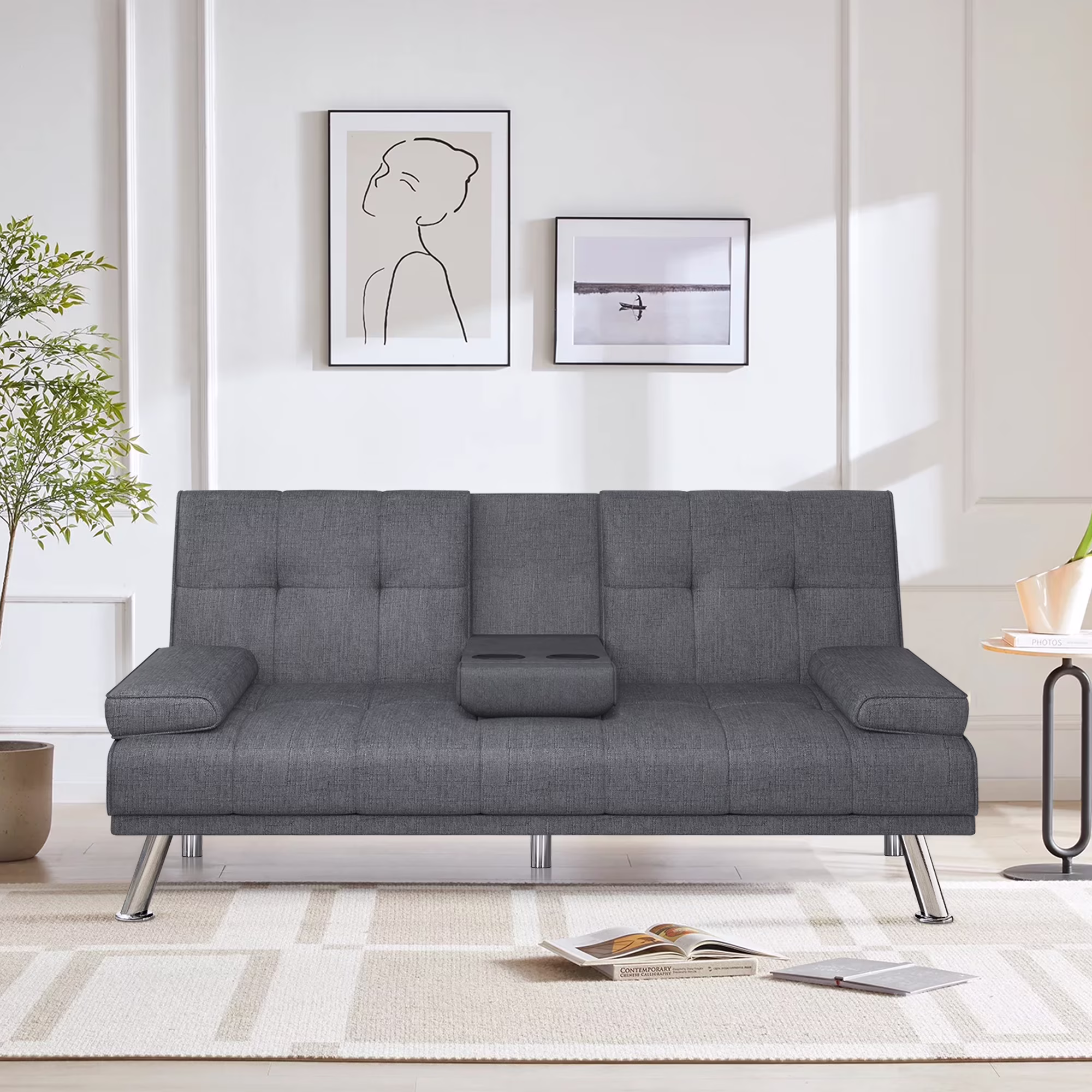 BEABA Futon Sofa Bed Modern PU Faux Convertible Couches with Cup Holder and Pillows Folding Furniture Upholstery