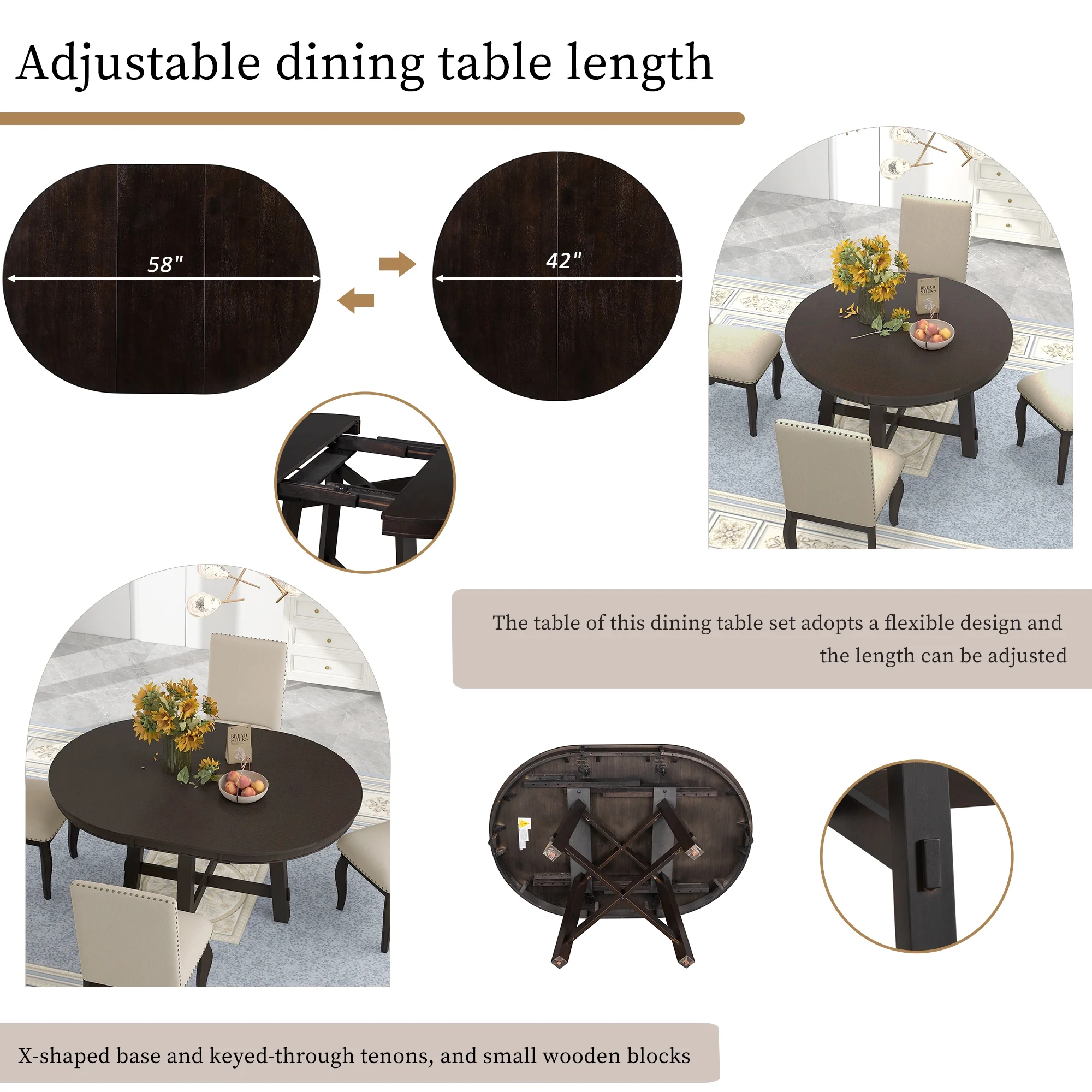 Sumdeal 5-Piece Farmhouse Dining Table Set, Wood Round Extendable Dining Table and 4 Upholstered Dining Chairs (Espresso-1Table 4 Chairs)