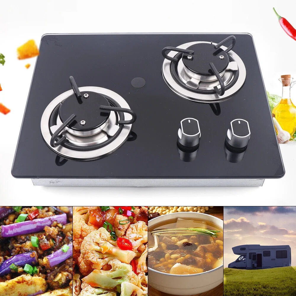 Caravan RV Camper LPG Gas Stove Hob 2 Burners Cooktop Cooker Black, for Hiking, Boating, Beach, Traveling