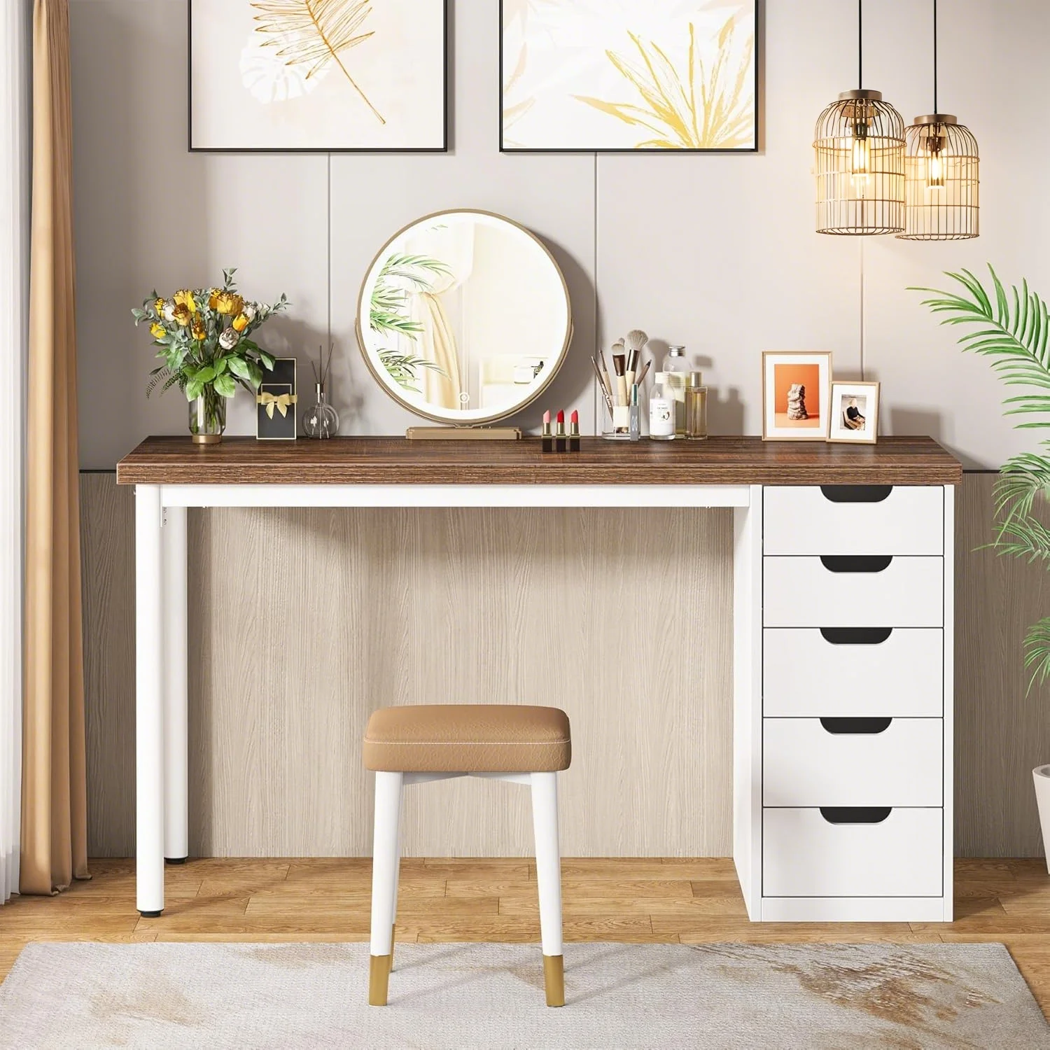 Tribesigns 47 inches Vanity Desk with 5 Drawers, Rustic Makeup Dressing Table with Storage, Modern Simple Computer Desk for Women, Girls (Brown)