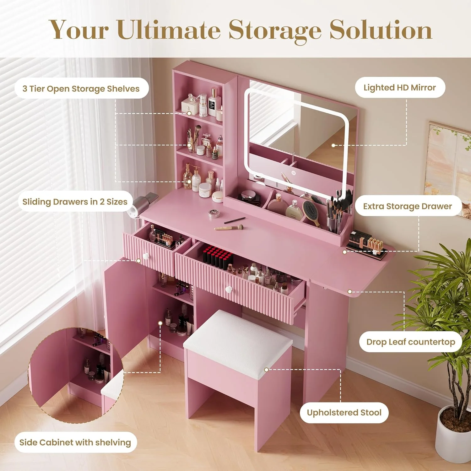 M optimized Vanity Desk with Mirror and Lights, Power Outlets Makeup Table with Drawers & Cabinet, Storage Stool, Dressing Table for Bedroom
