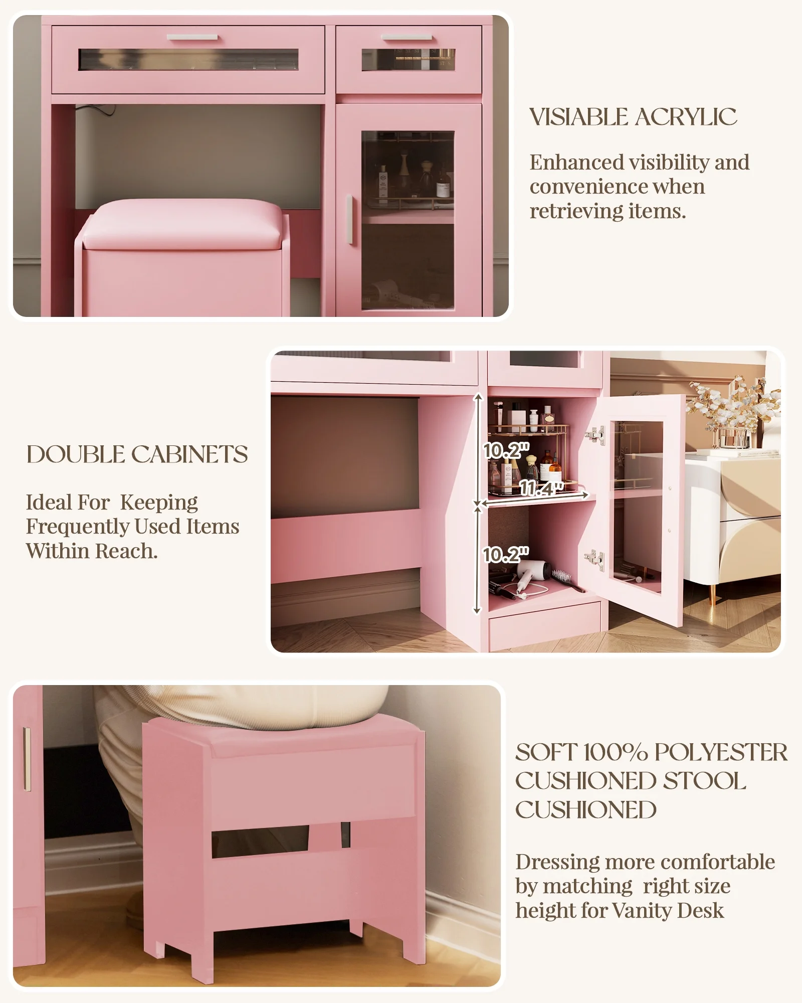 LIVELYGLOW Vanity Desk with Mirror and Lights, Makeup Vanity with Drawer & Storage Shelves, Cabinet, 3 Lighting Modes Adjustable Brightness,White