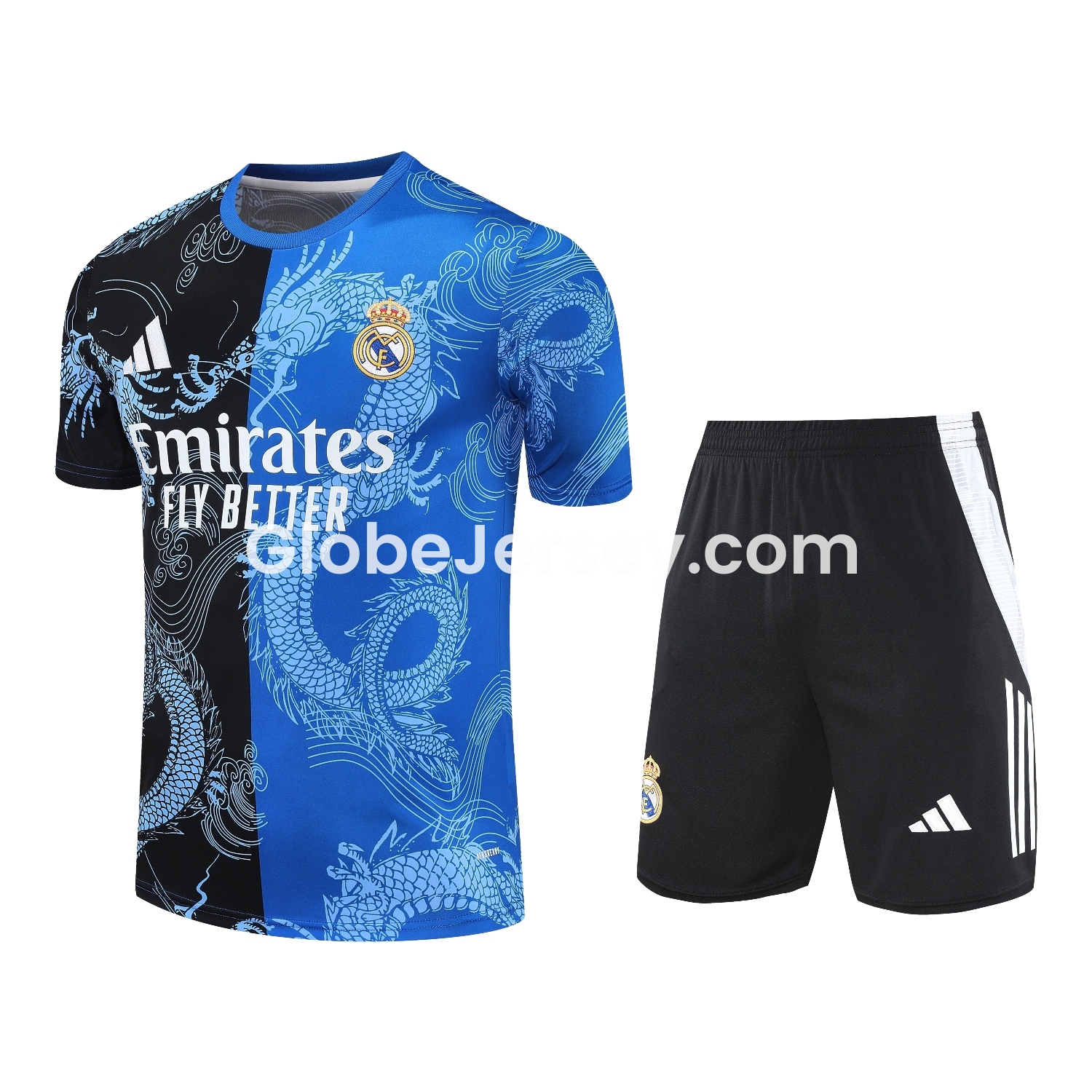 Real Madrid 25-26 Short-Sleeve Training Set - Blue Black Dragon Top & Black-White Shorts