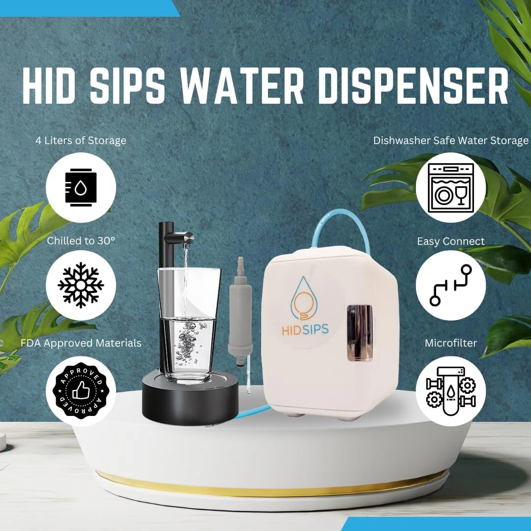 Desktop Water Dispenser kit with 4L Mini Fridge Water Storage and Filtration System, Water Cooler for Nightstand and Bedside, Beverage Dispenser, mini fridge with water dispenser (White w/ No Filter)