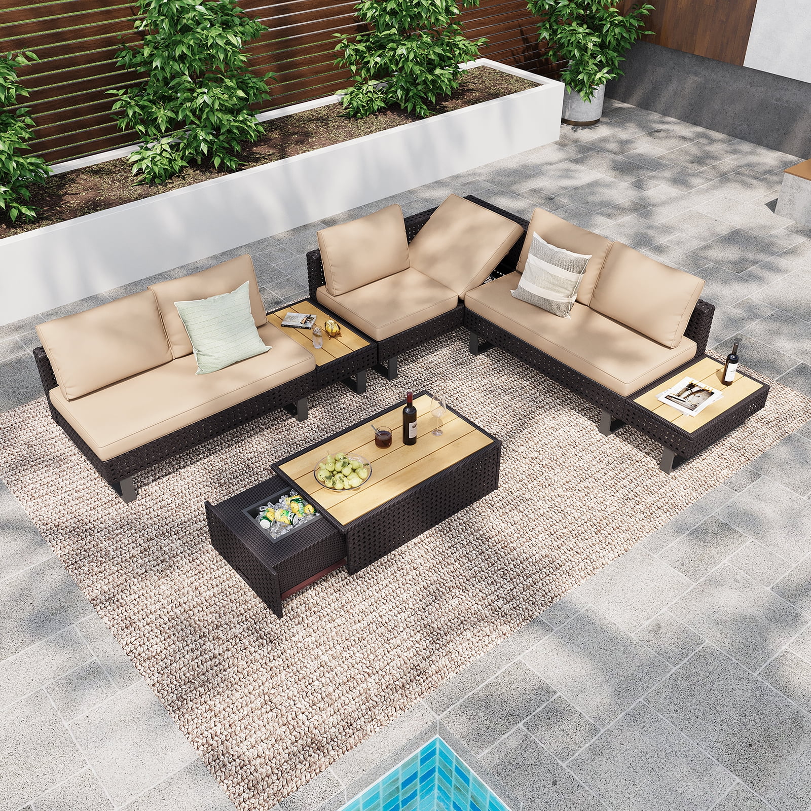 6-Piece Outdoor Sectional Furniture Set for Patio, Expandable Coffee Table w/ Ice Bucket & Collapsible Seat, Deep Cushions - Khaki