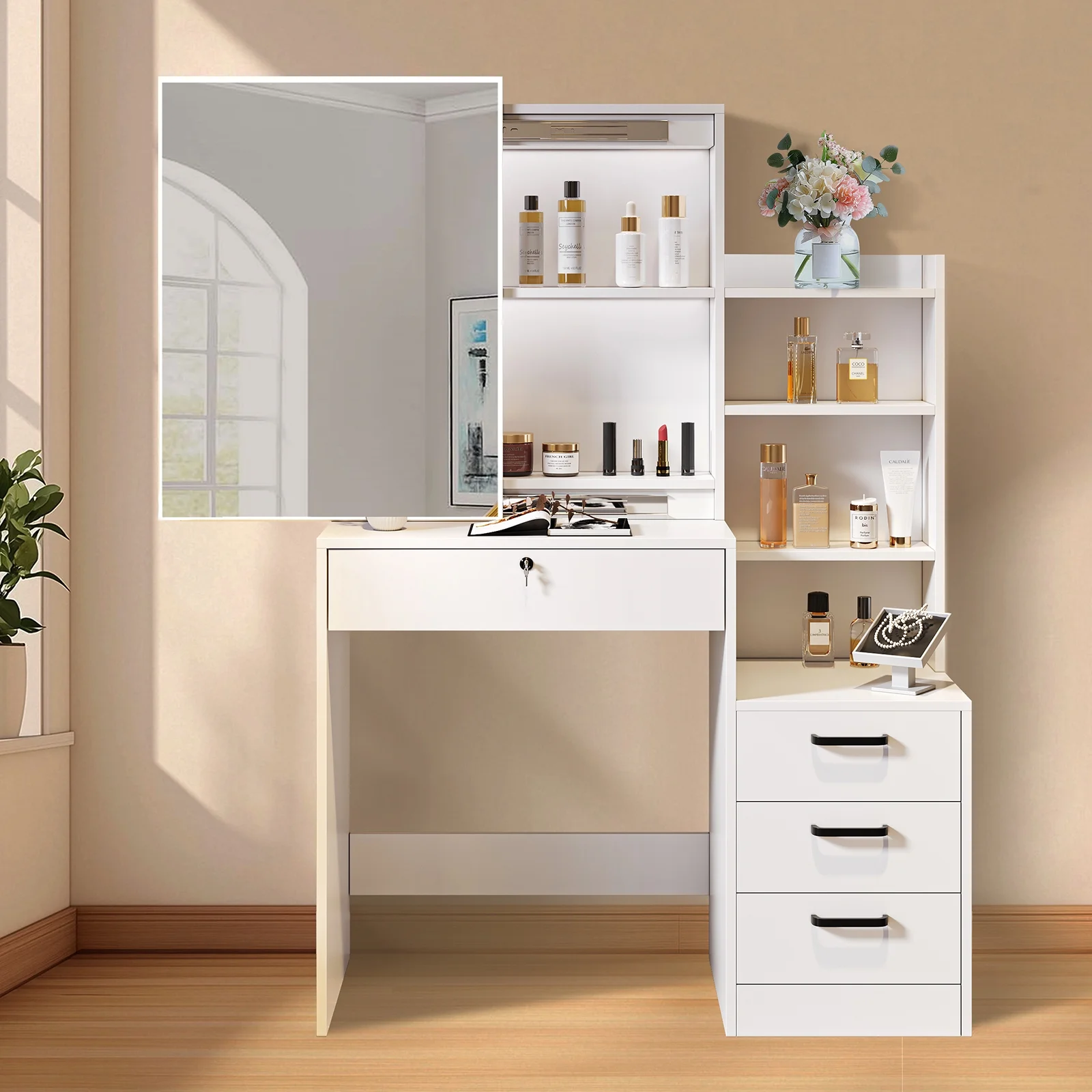 Fenbeli Vanity Set with Mirror and Lights, Makeup Vanity with 3 Drawers, Vanity Desk for Girls, Women, White
