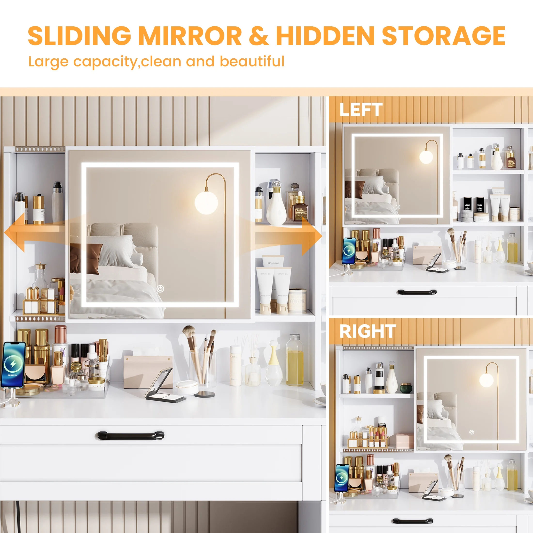 SESSLIFE 41''Vanity Set with Charging Station, Large Makeup Desk with LED Sliding Mirror, 3 Lighting Modes Adjustable Brightness, Makeup Dressing Table Set for Adults,Women, White