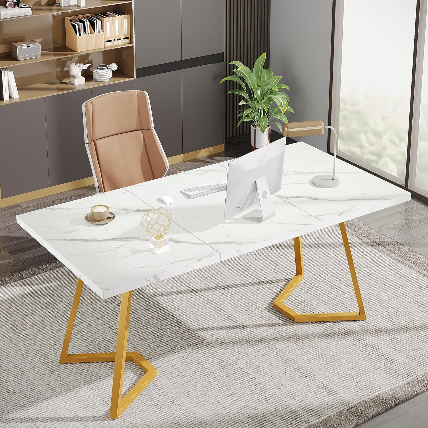 Finmind Modern Home Office Desk, Adult Study Writing Table with Metal Legs, White & Gold, 55.11