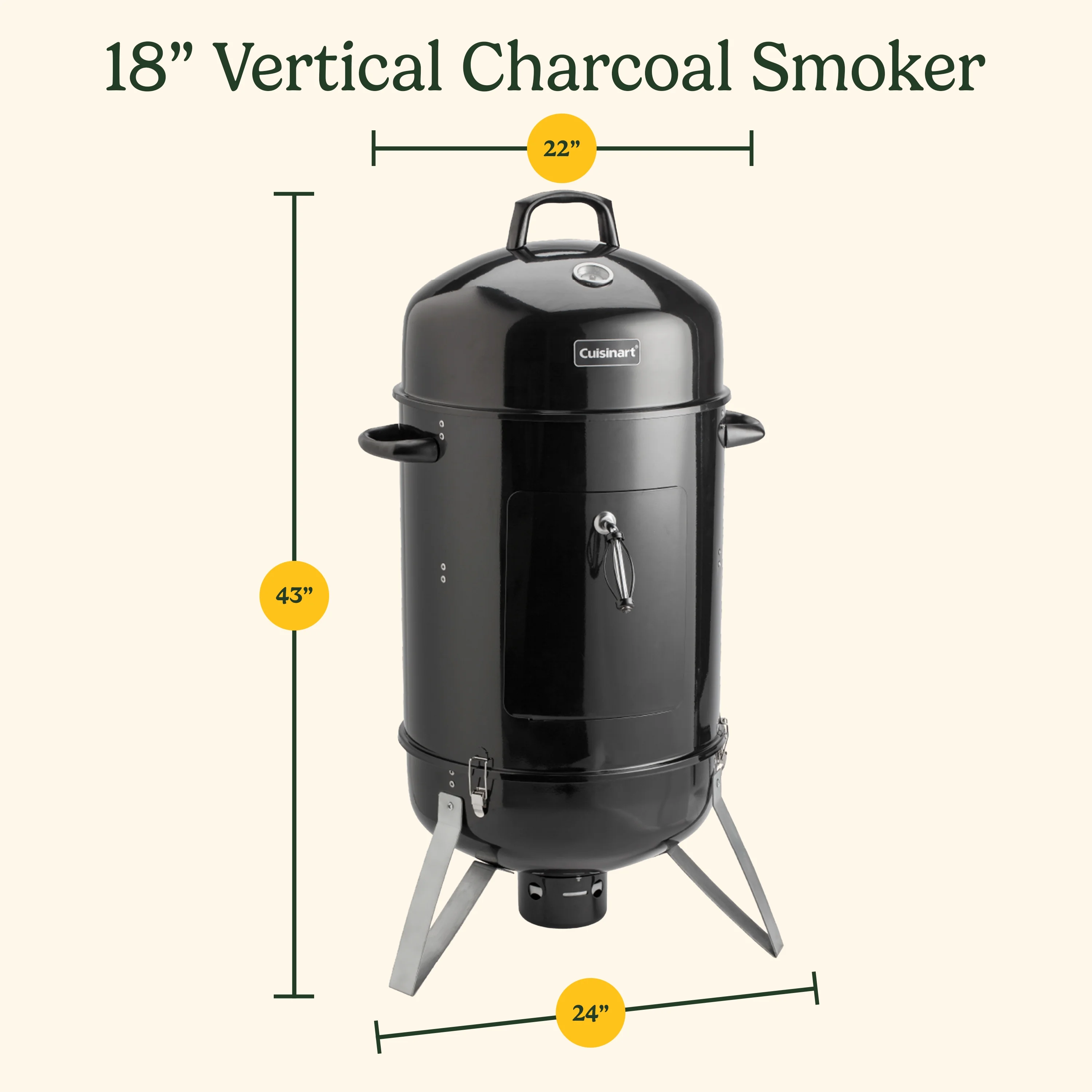 Cuisinart 18�� Vertical Charcoal Smoker, Integrated Thermometer, Water Bowl and Dual Vents Perfect for Smoked Brisket, Chrome Plated Grates Smoker Grill for BBQ, Camping, Tailgates