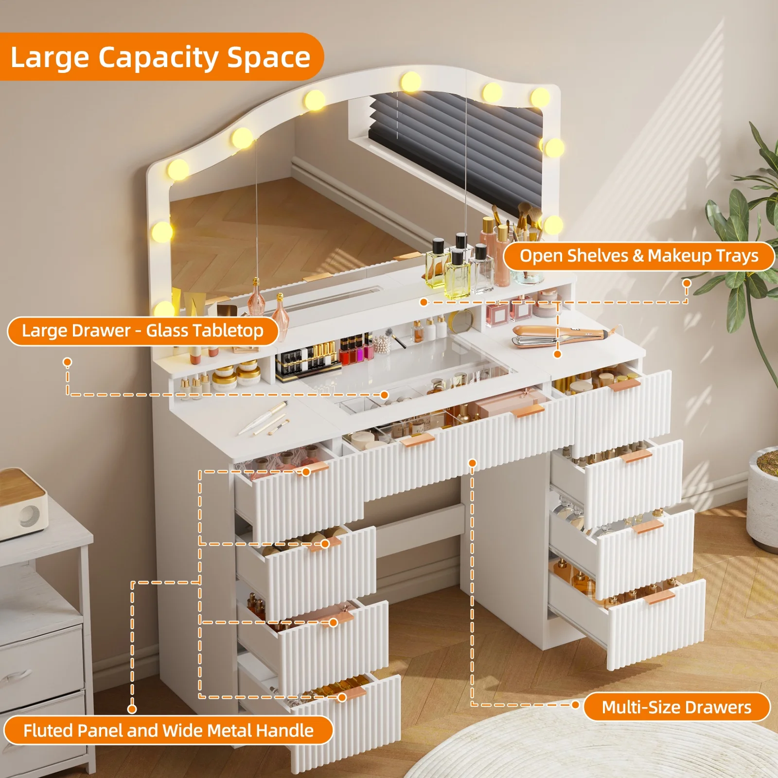 Tomnk White Vanity with Lights Mirrors, Makeup Vanity Desk with Drawers and Chair, Power Outlet