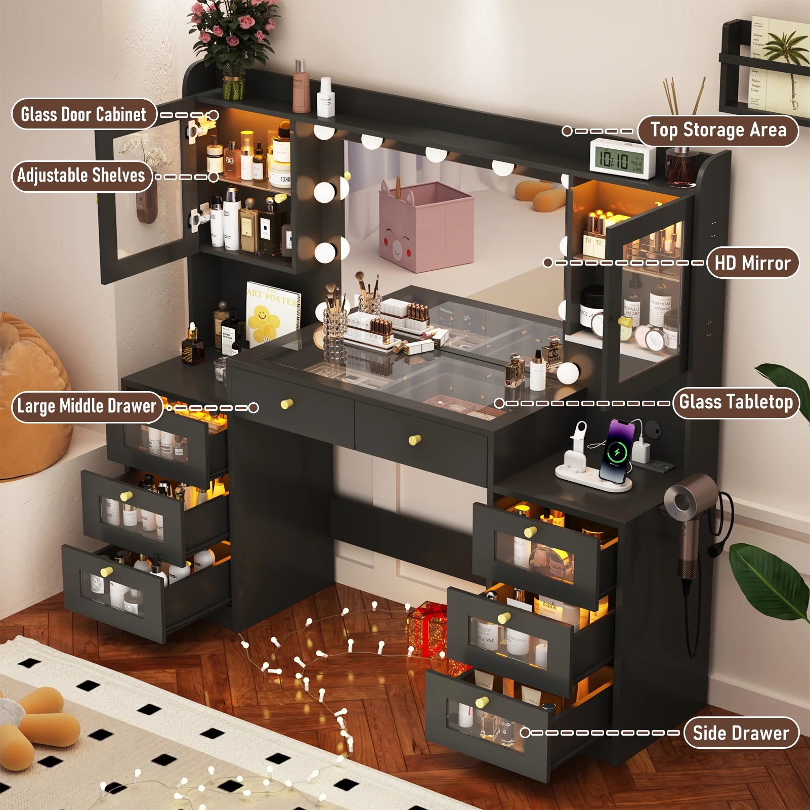 ChVans 62'' Large Vanity Desk with Tempered Glass Top, 11 LED Bulbs, Charging Station, Bedroom Makeup Vanity with 3 Lights Mode LED Mirror, 6 Translucent Drawers, 2 RGB cabinets for Women, Girls Gift