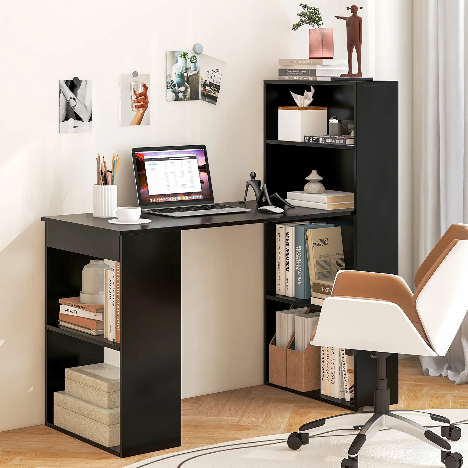 Costway Computer Desk Writing  Workstation Office 6-Tier Storage Shelves Natural