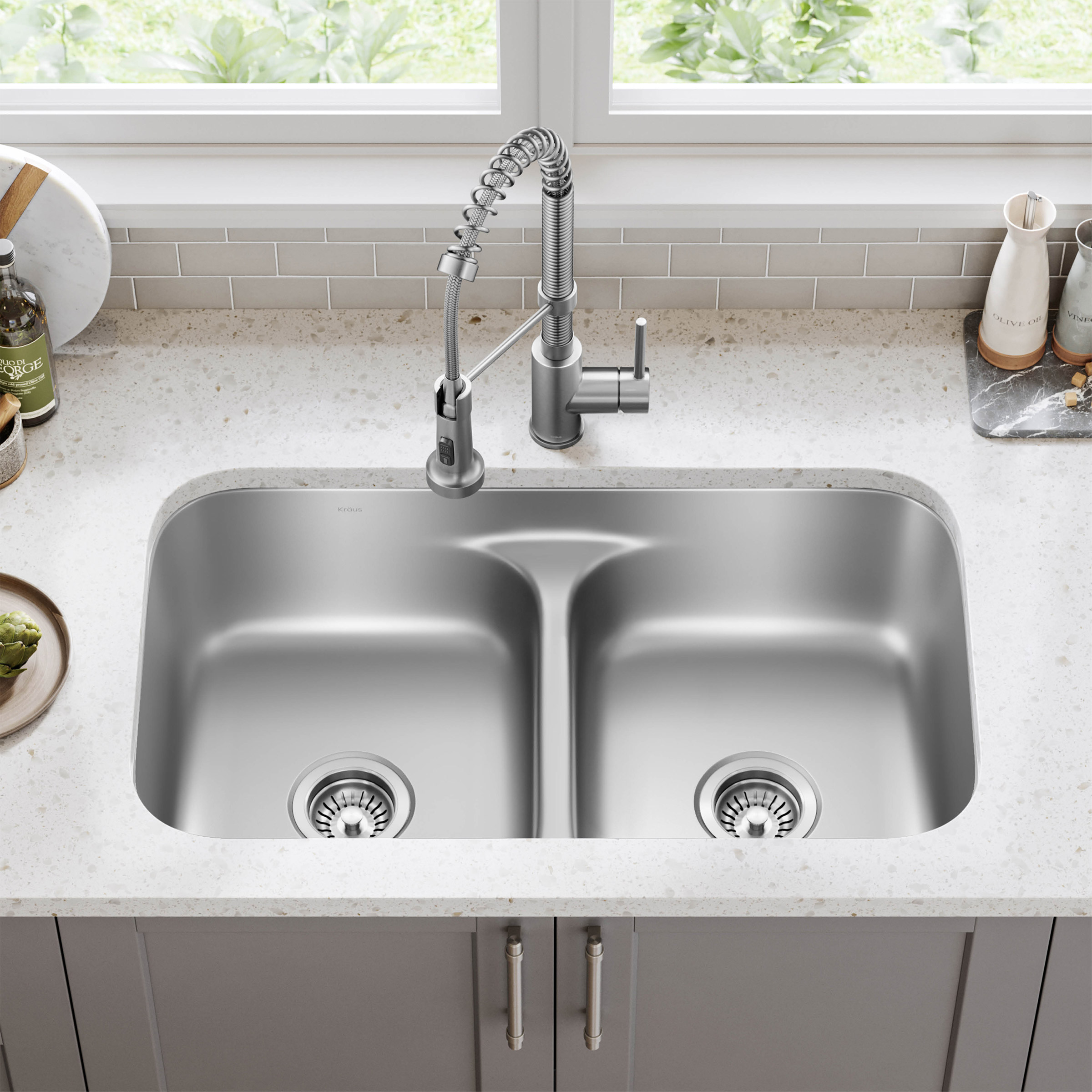 KRAUS 32' Undermount Double Bowl Kitchen Sink with 18' Commercial Kitchen Faucet