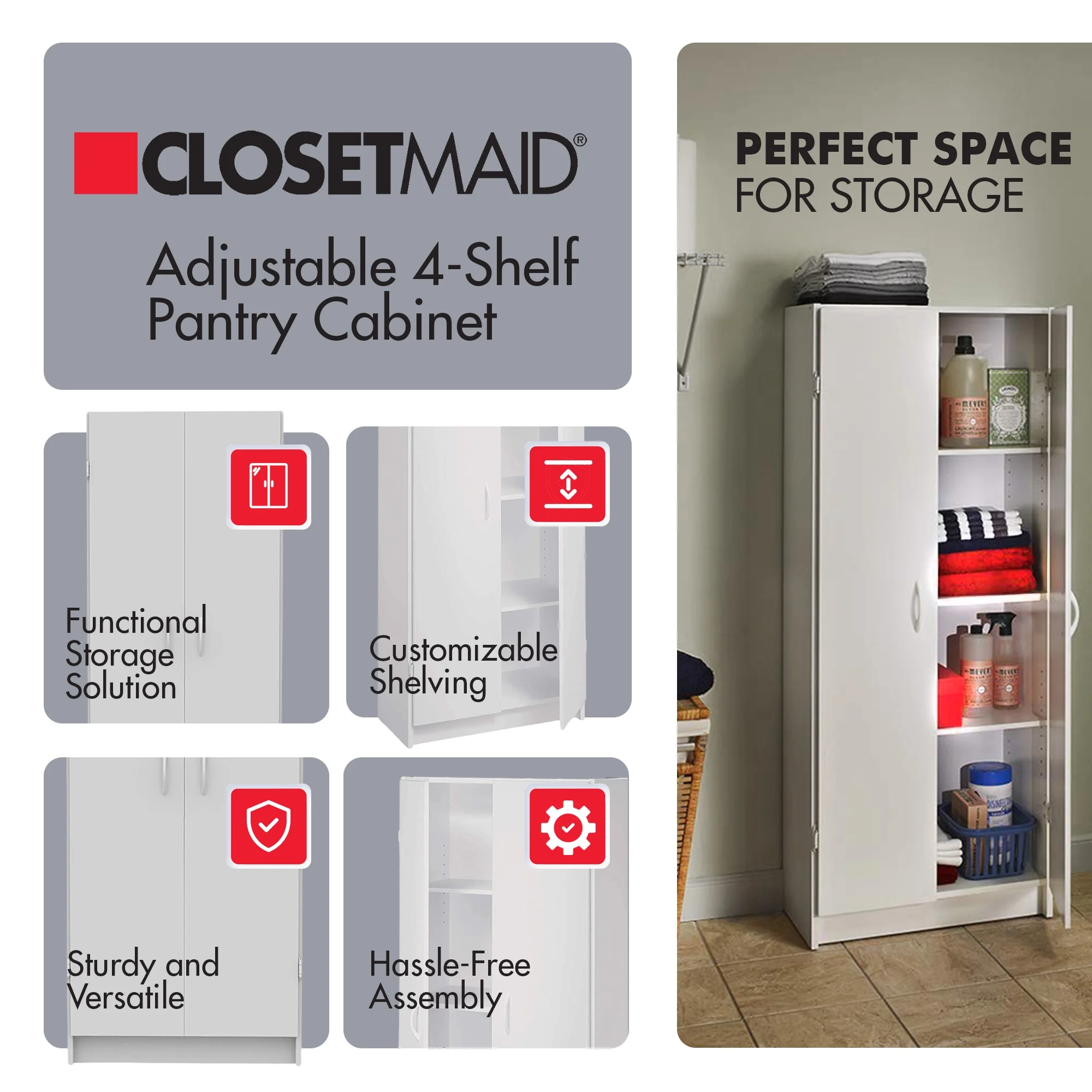 ClosetMaid 12.5 x 24 x 59.5 Inch Adjustable 4 Shelf Pantry Cabinet, White