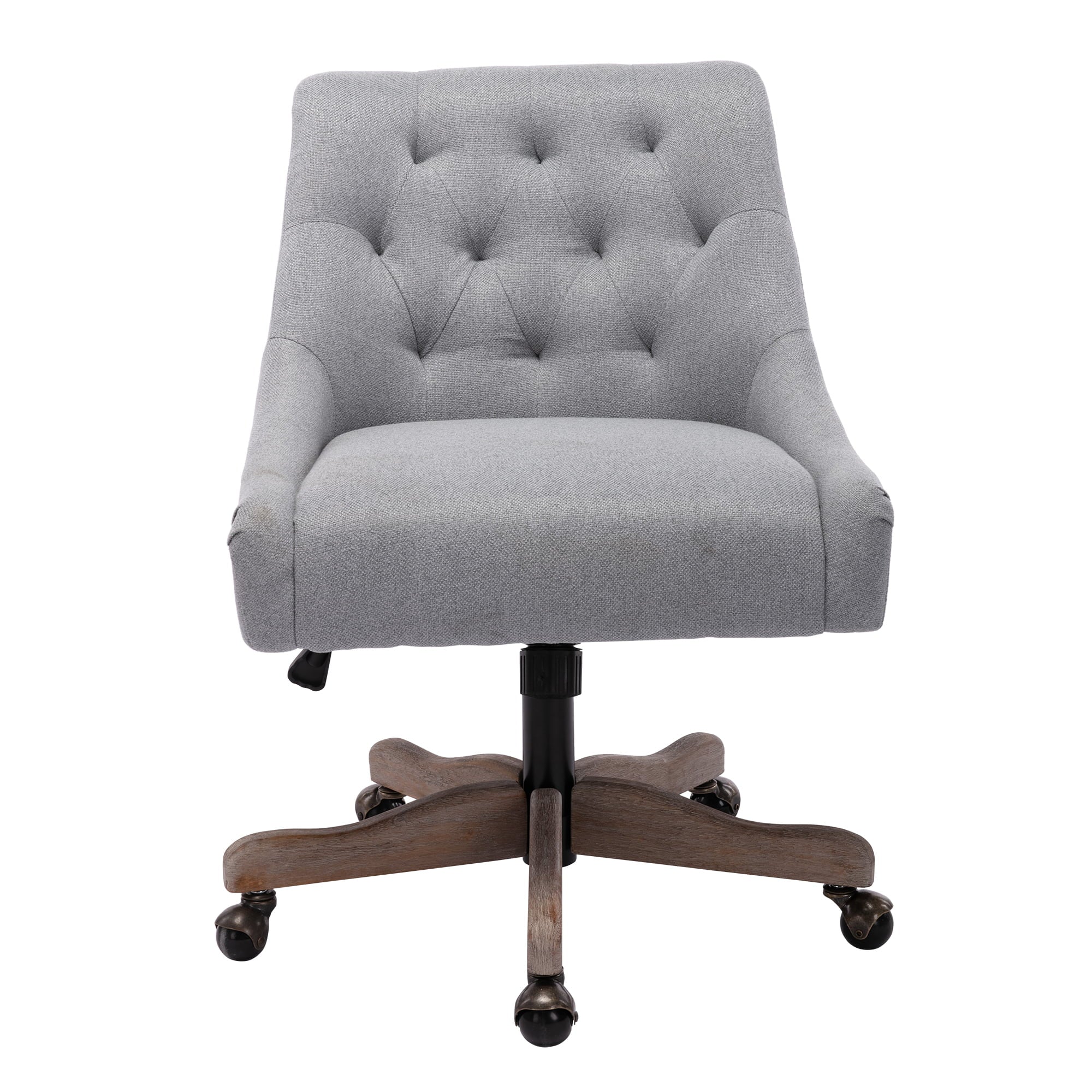 Swivel Shell Office Chair, Modern Fabric Upholstered Tufted Accent Computer Desk Chair with Ergonomic Wide Backrest and Wooden Legs, Height Adjustable Swivel Vanity Chair for Office, Grey