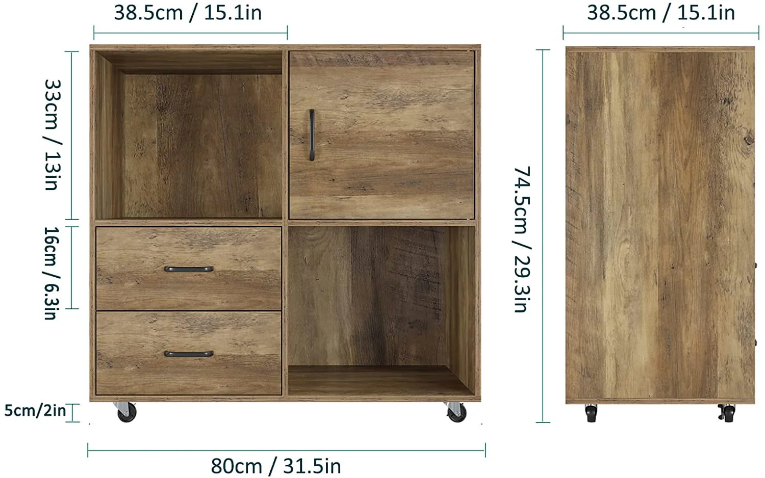 Homfa Lateral File Cabinet, Storage Printer Stand with 2 Drawers, Wood Mobile Filing Cabinet for A4 Paper Letters Home Office Furniture, Rustic Brown