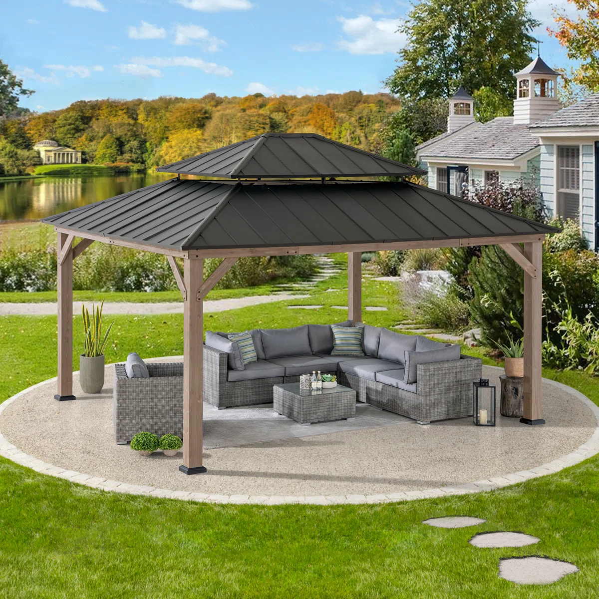 Sunjoy 13 x 15 ft. Wood Gazebo. Outdoor Patio Steel Hardtop Gazebo. Cedar Framed Wooden Gazebo with 2-Tier Metal Roof. Suitable for Patios. Lawn and Backyard