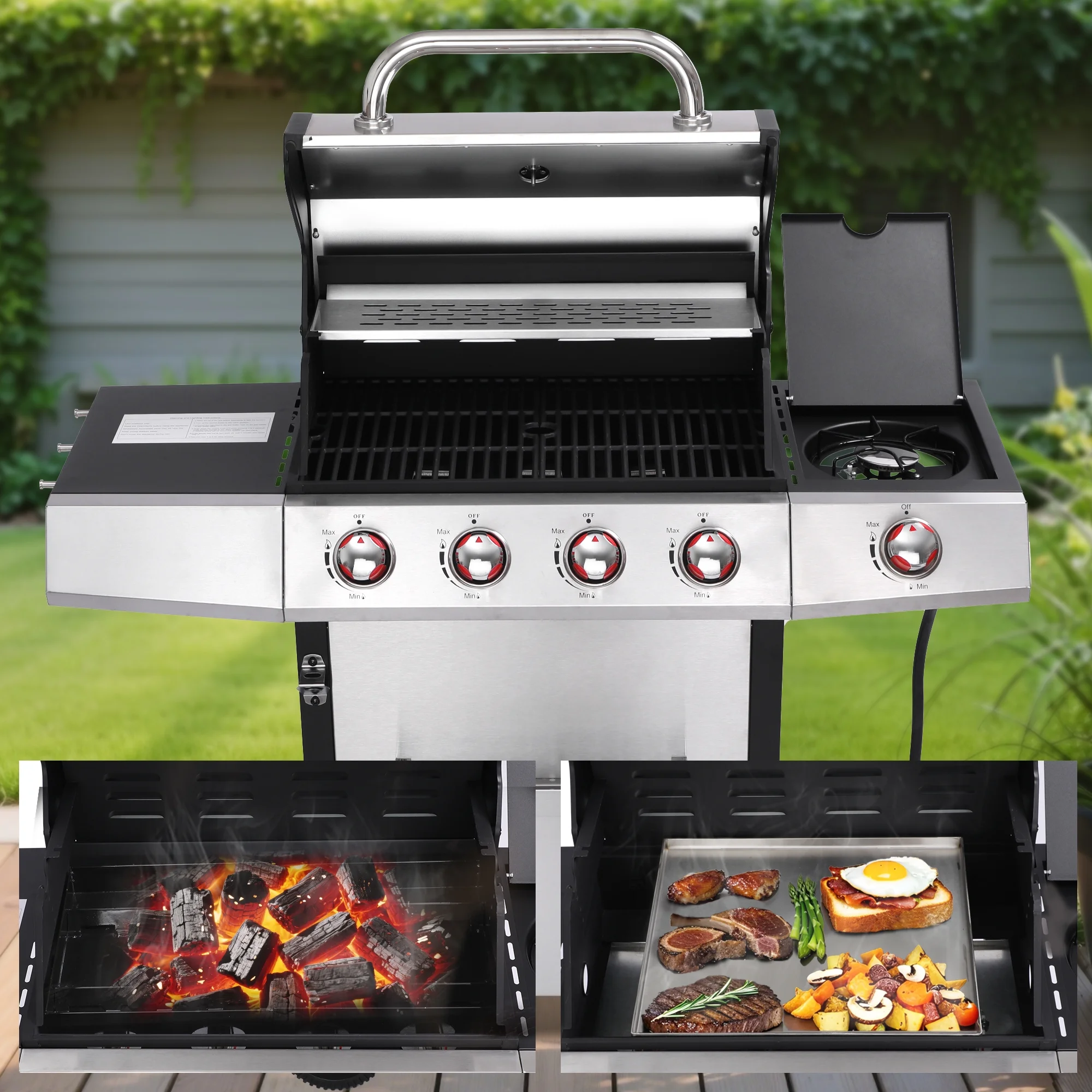 4 Burner Propane Gas Grill Combo w/Side Burner, 3-in-1 BBQ Grill with Charcoal Smoker & Griddle Plate, 46,750 BTU, 448 Sq.In. Stainless Steel Outdoor Cooking Station