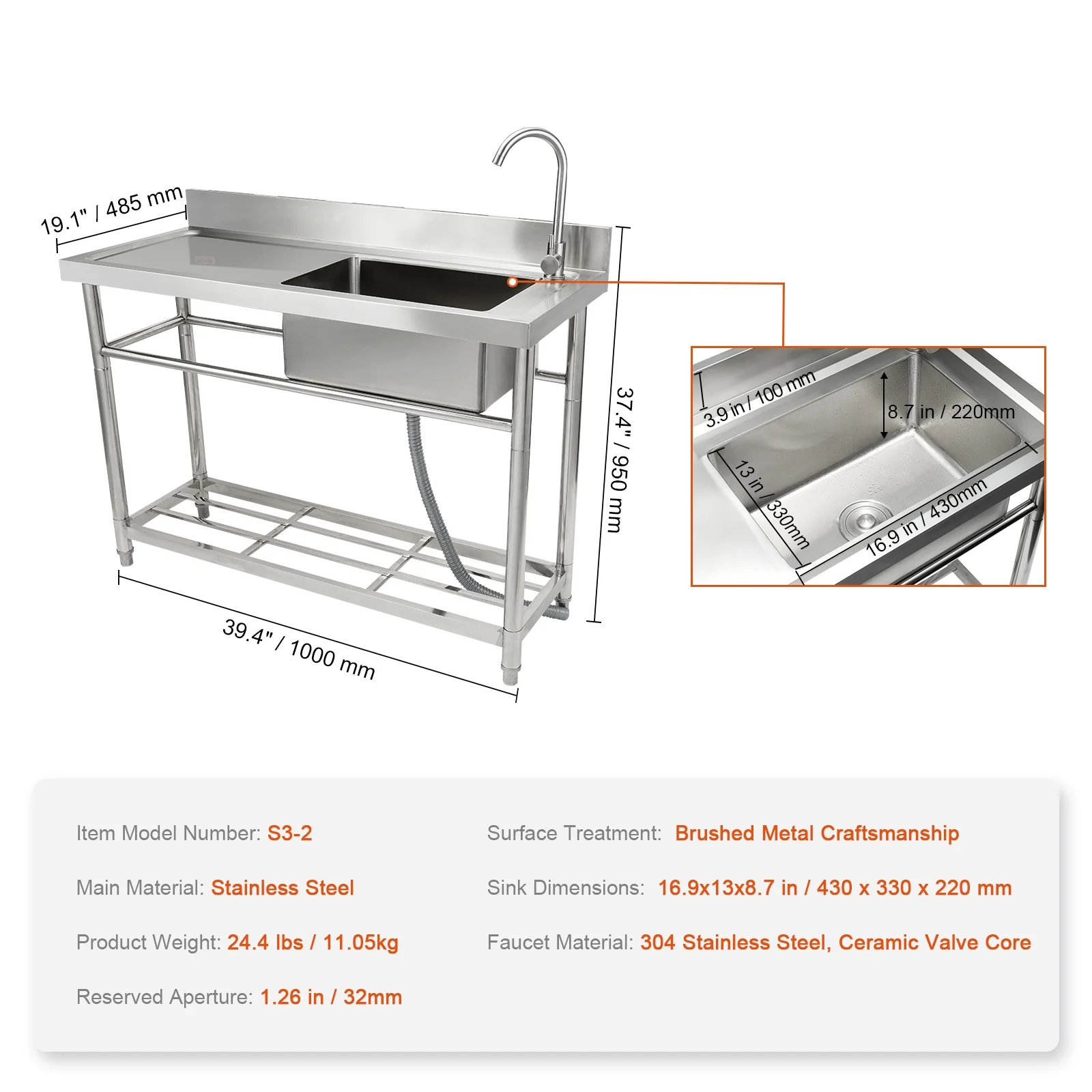 KFFKFF Commercial Public Facilities And Preparation Of Single Bowls, Bring The Workbench 39.4 x 19.1 x 37.4 inch