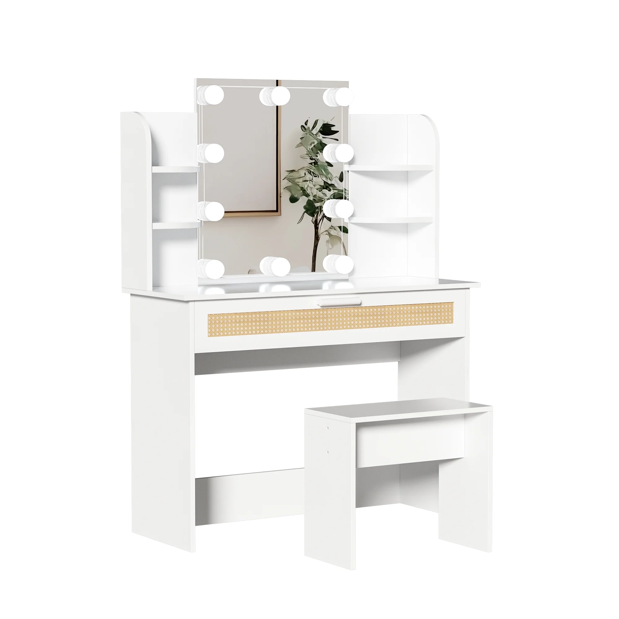 Resenkos Vanity Desk Set with Mirror and Lights for Makeup, 5 Drawers Storage Dresser for Bedroom, White