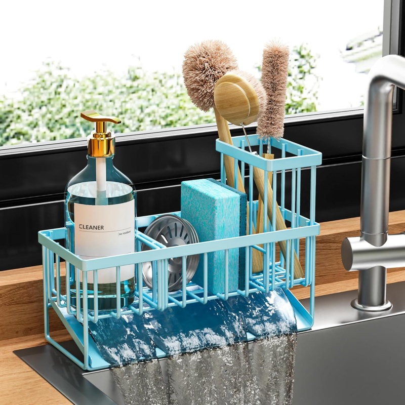 Blue Kitchen Sink Caddy Organzier with High Brush Holder