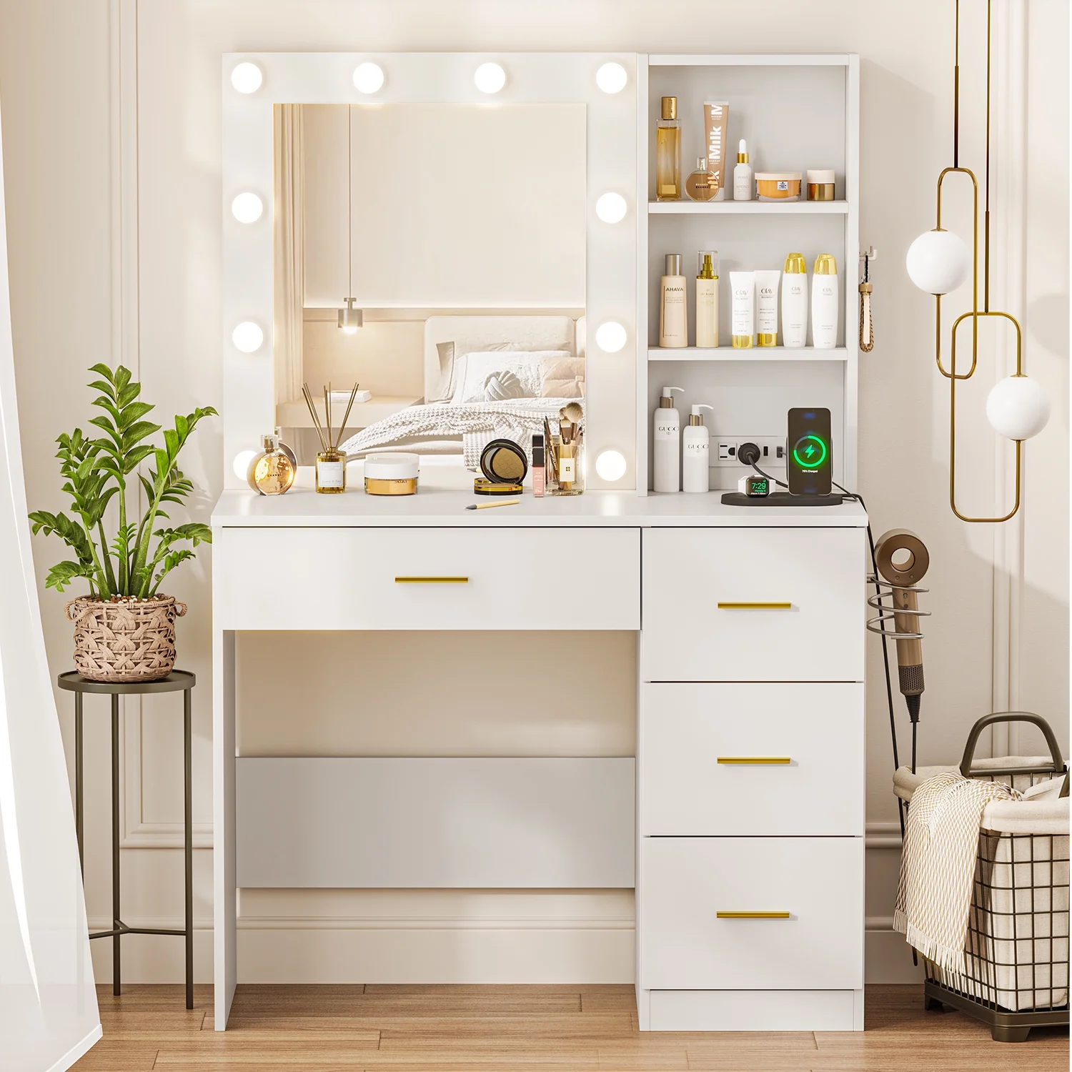 Cottinch Vanity Desk 3 Color Lighted Mirror,Makeup Dressing Table with 4 Drawers and Storage Shelves,2 Outlets,2 USB Ports,White