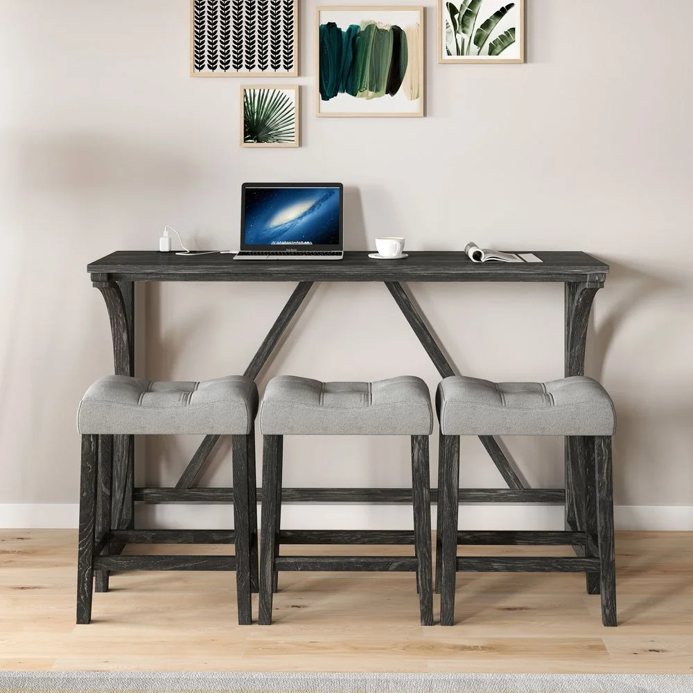 YINGYING 4 Piece Industrial Bar Table Set with Power Outlet, Bar Table and Chairs Set, Dining Table Set, Breakfast Table Set, for Living Room, Dining Room, Game Room