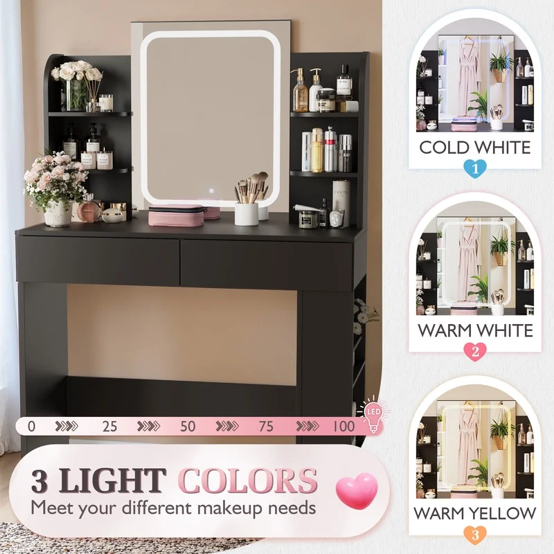 Furmax Makeup Vanity Desk with LED Lighted Mirror Vanity Table with Drawers, Shelves & Side Storage for Bedroom, White