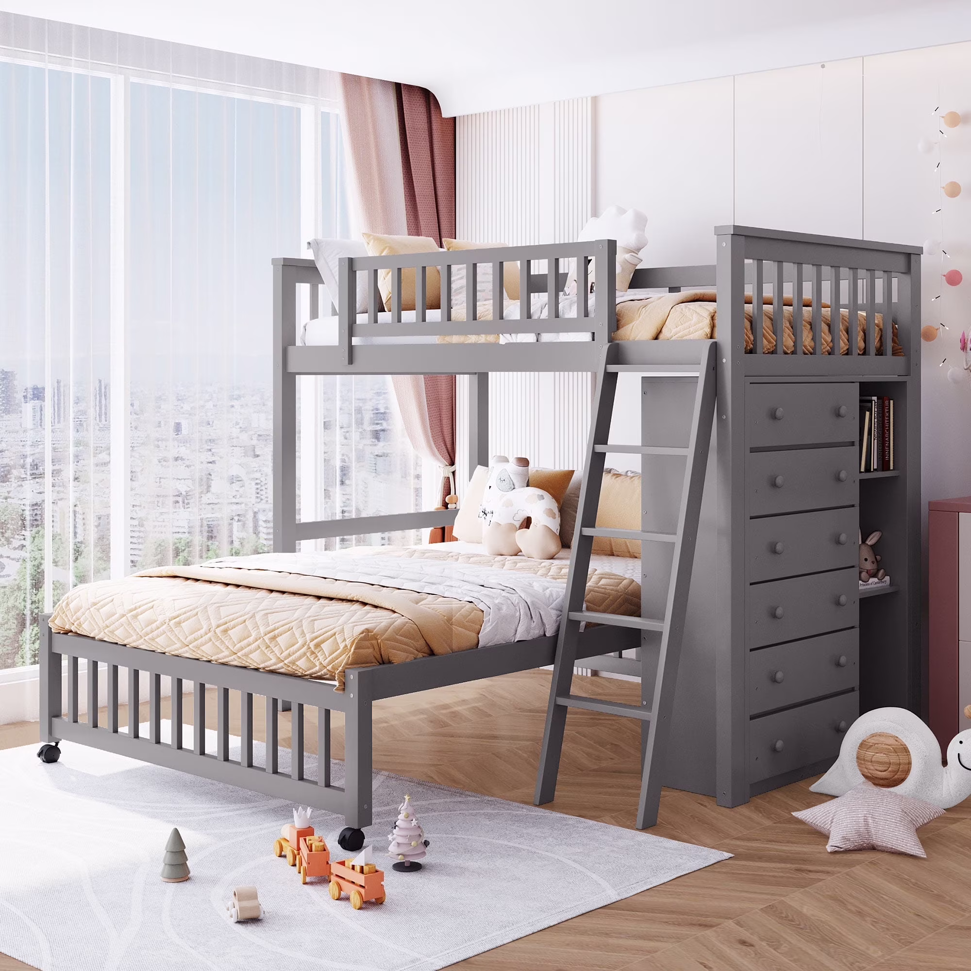 Harper & Bright Designs Full Over Twin Bunk Bed with Desk, Drawers and Shelves, L-Shaped Bunkbeds with Storage Staircase for Adults Bedroom, White